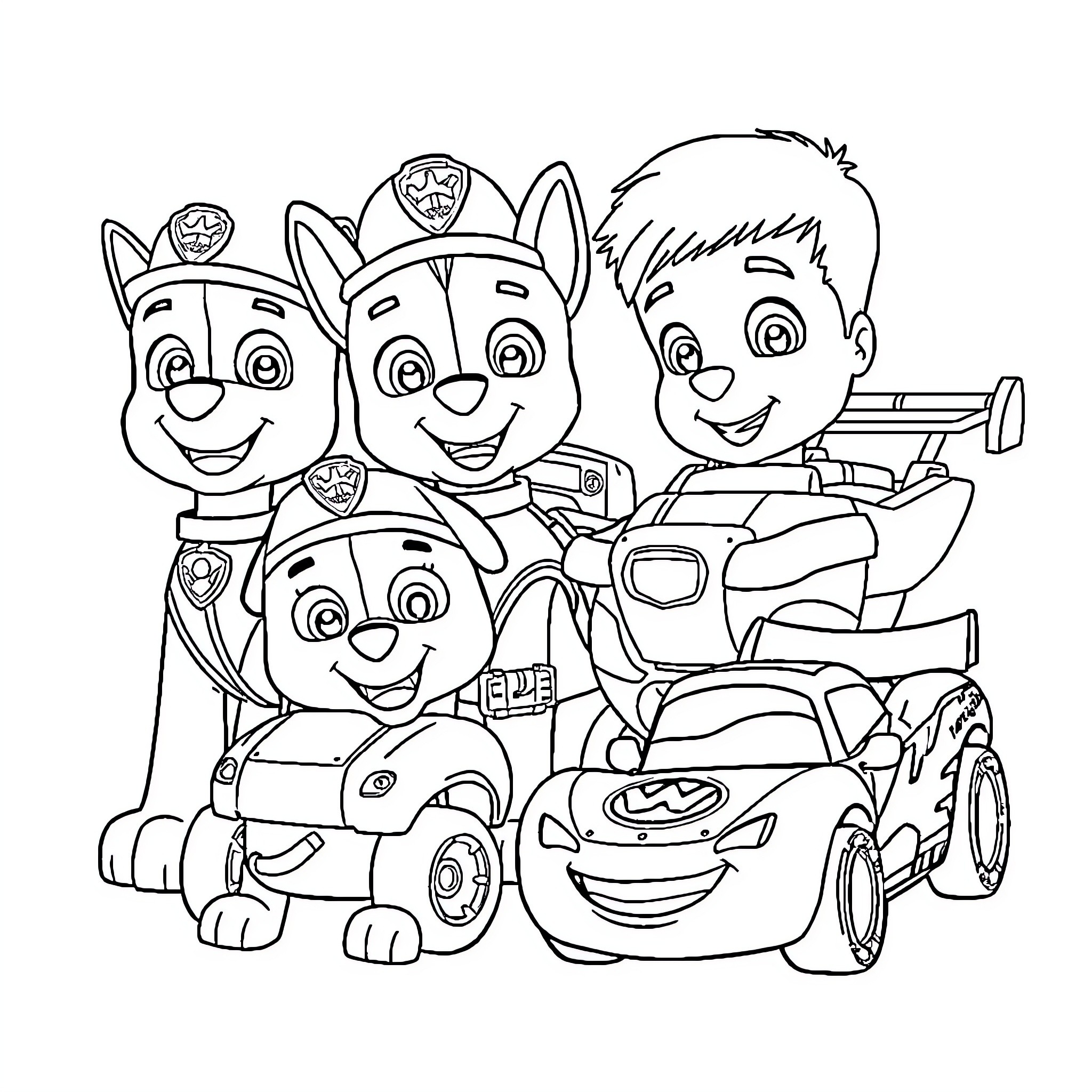 Flash McQueen and the Paw Patrol Team in Action Coloring Page (free black-and-white line drawing printable PDF for all, from beginners to advanced learners, including children, teens, adults, and seniors)