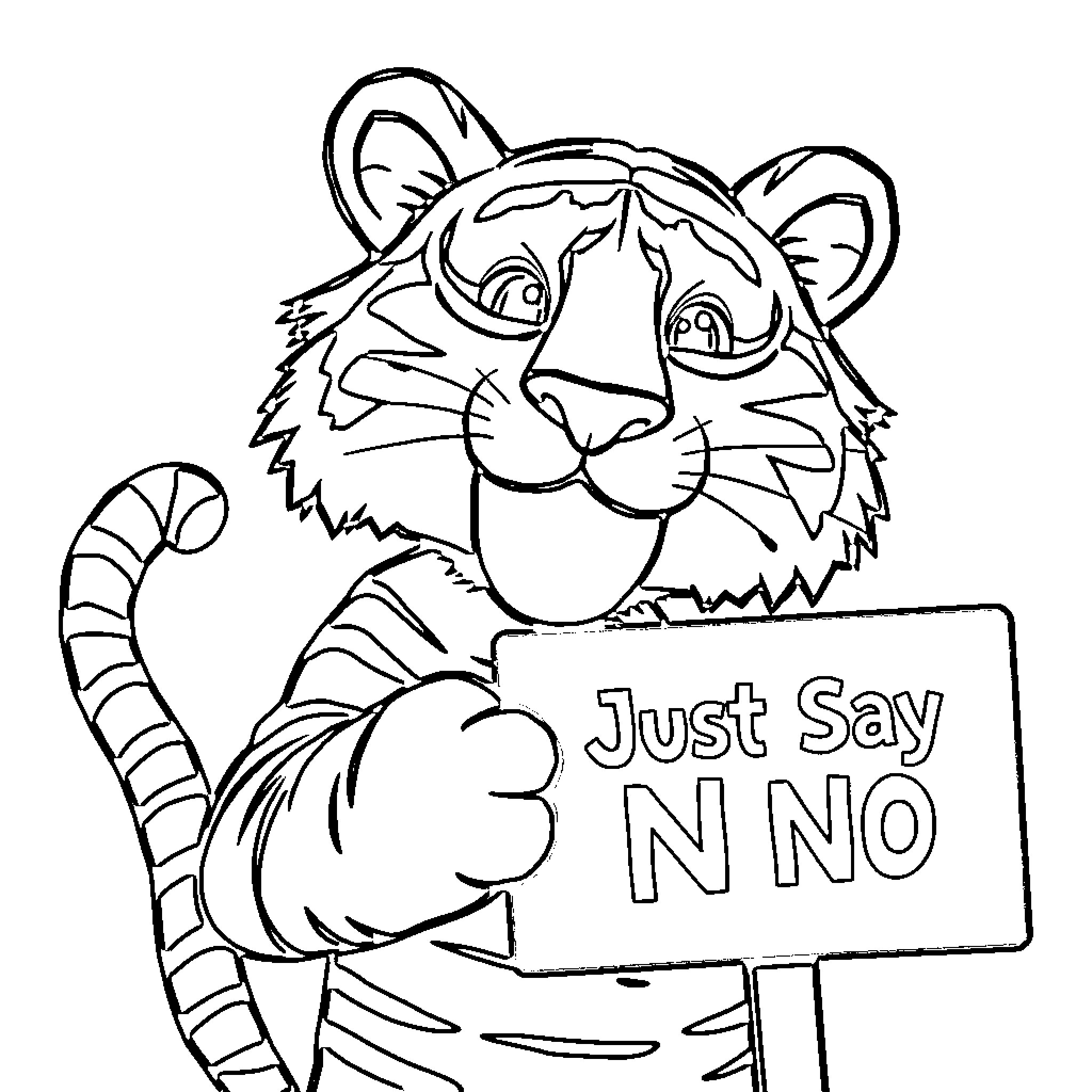 Tiger Holding 'Just Say No' Sign Coloring Page (free black-and-white line drawing printable PDF for all, from beginners to advanced learners, including children, teens, adults, and seniors)