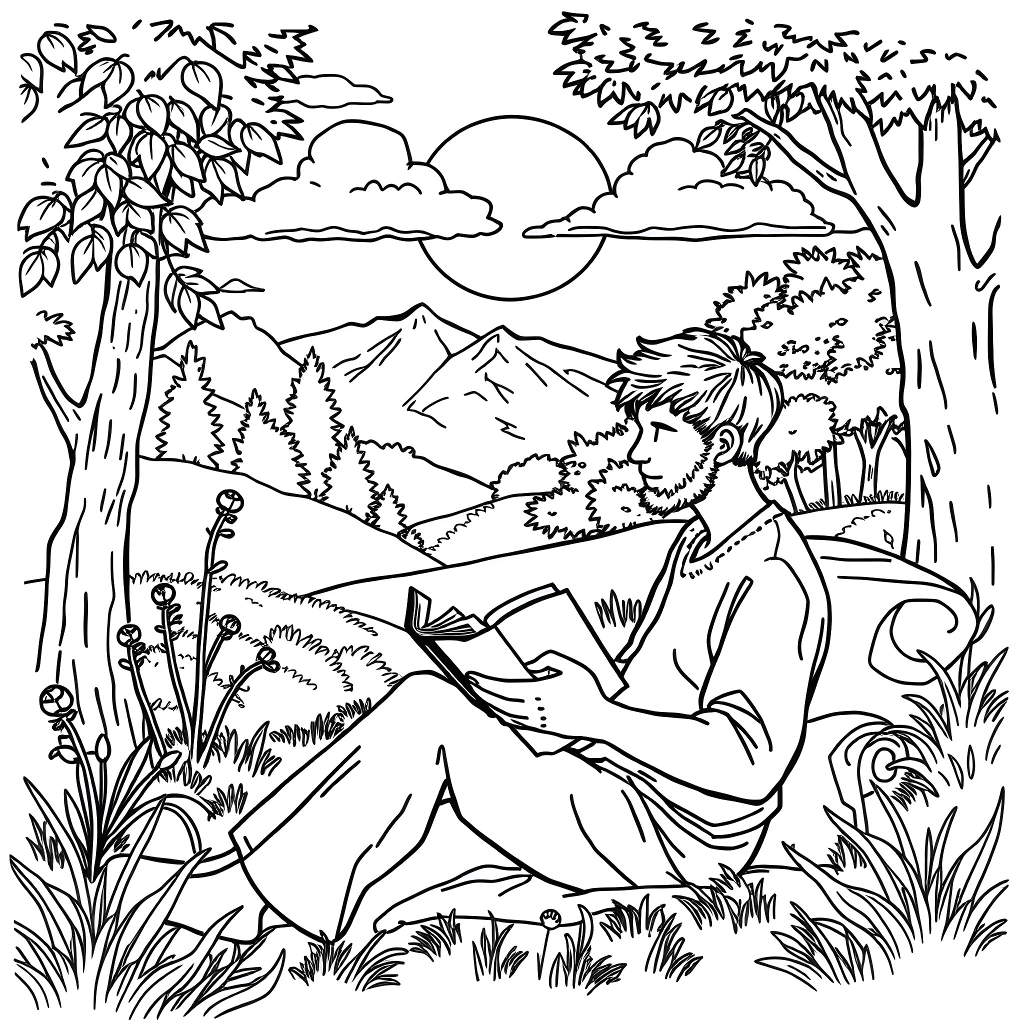 Mental Health - Person Relaxing and Reading in Nature Coloring Page (free black-and-white line drawing printable PDF for all, from beginners to advanced learners, including children, teens, adults, and seniors)