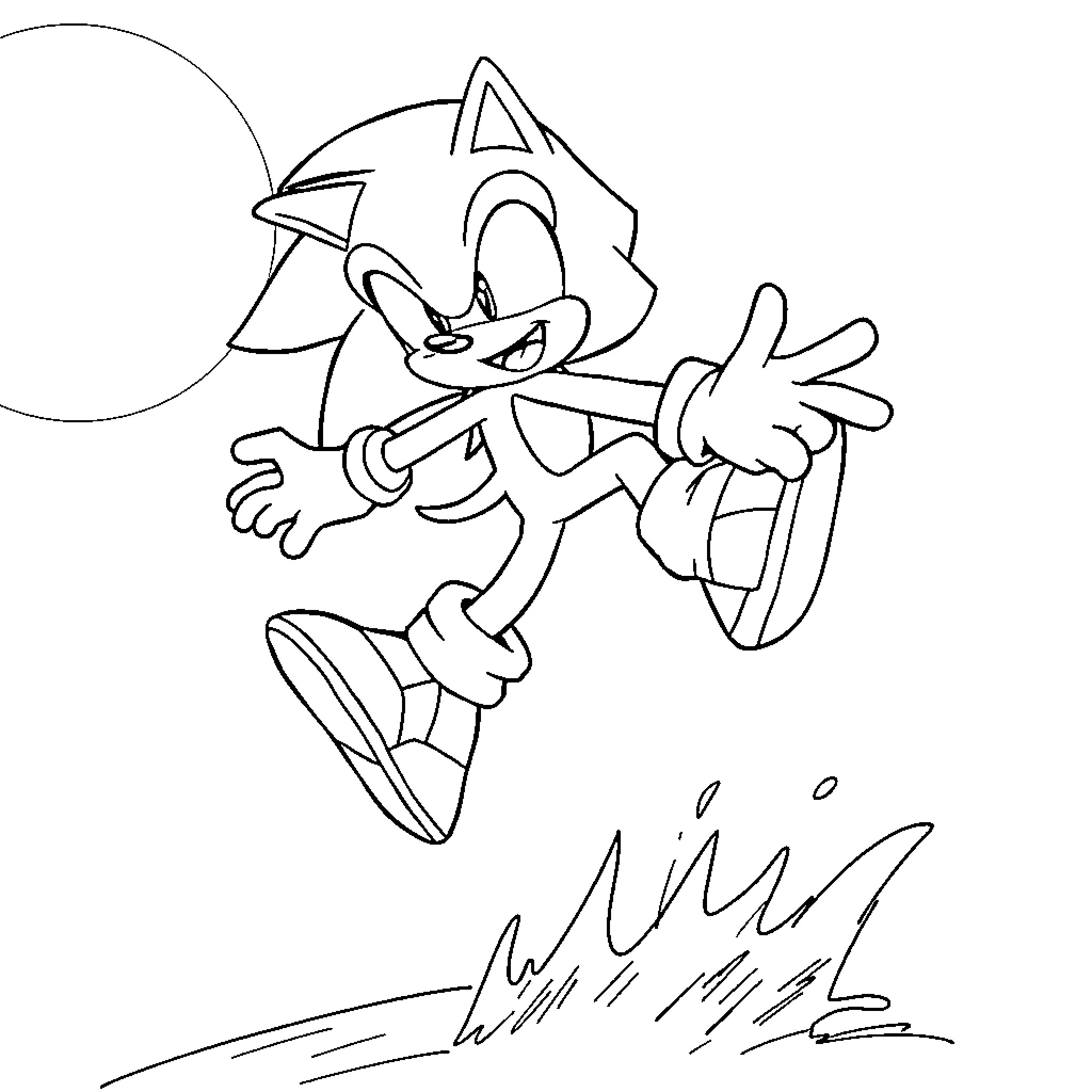 Sonic running swiftly with determination Coloring Page (free black-and-white line drawing printable PDF for all, from beginners to advanced learners, including children, teens, adults, and seniors)