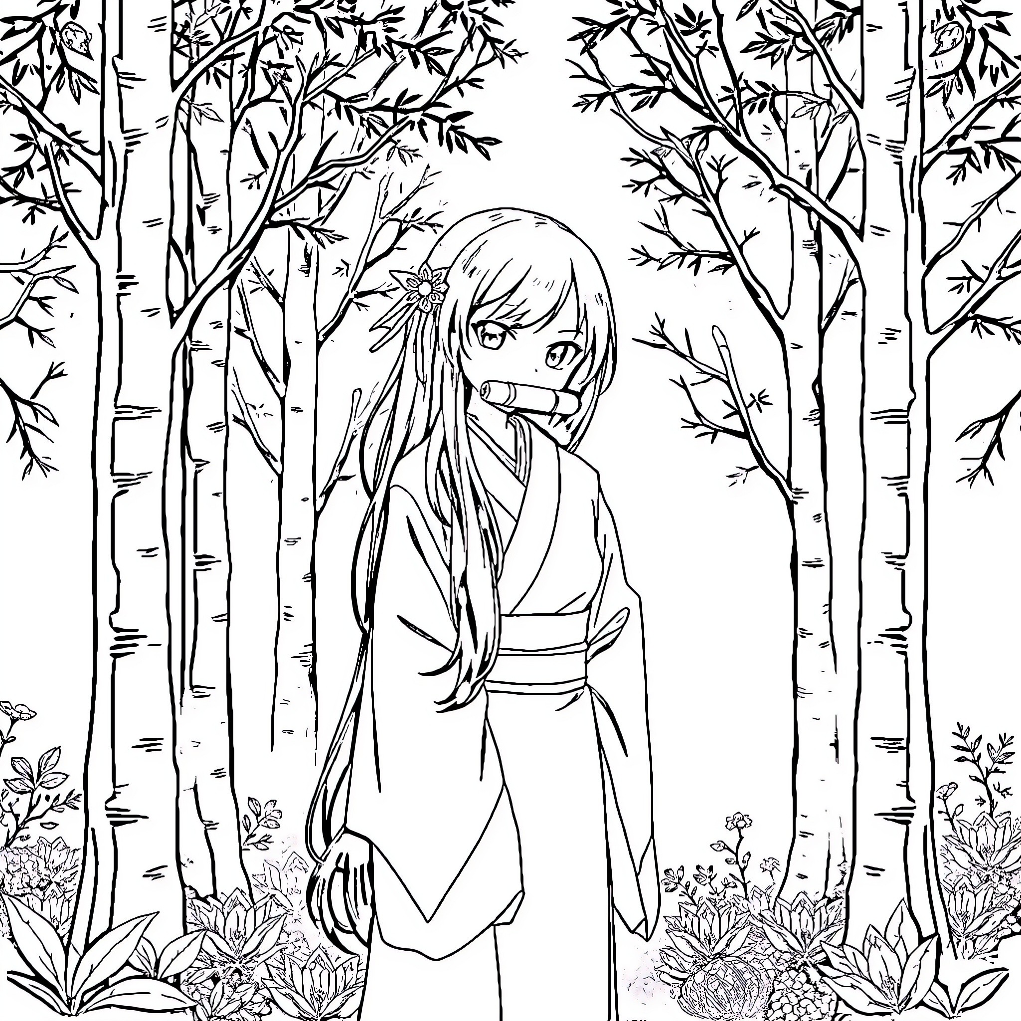 Nezuko in a serene bamboo forest Coloring Page (free black-and-white line drawing printable PDF for all, from beginners to advanced learners, including children, teens, adults, and seniors)