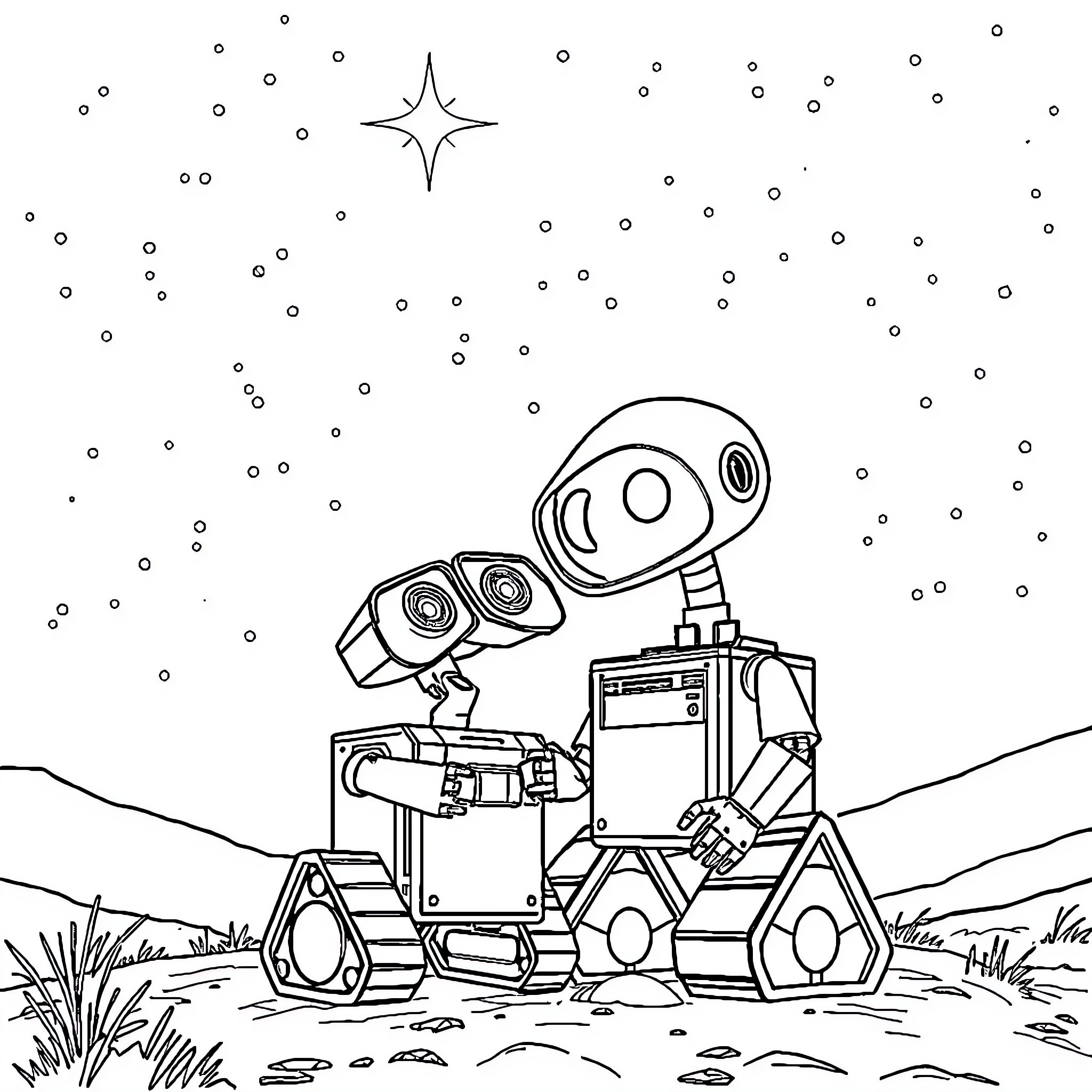 Wall-E exploring the vast cosmos Coloring Page (free black-and-white line drawing printable PDF for all, from beginners to advanced learners, including children, teens, adults, and seniors)