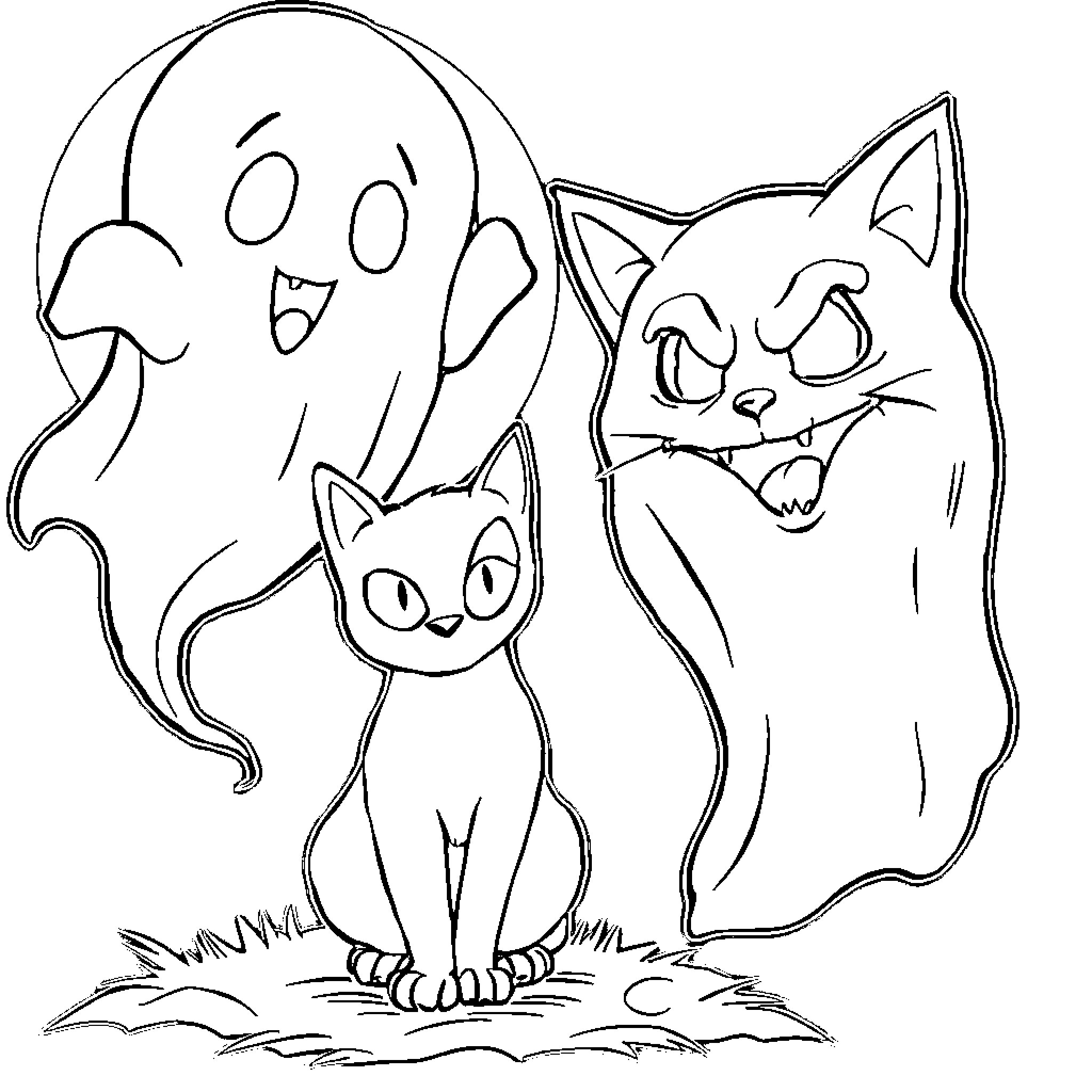 Cat and Ghost Friends Enjoying Halloween Coloring Page (free black-and-white line drawing printable PDF for all, from beginners to advanced learners, including children, teens, adults, and seniors)