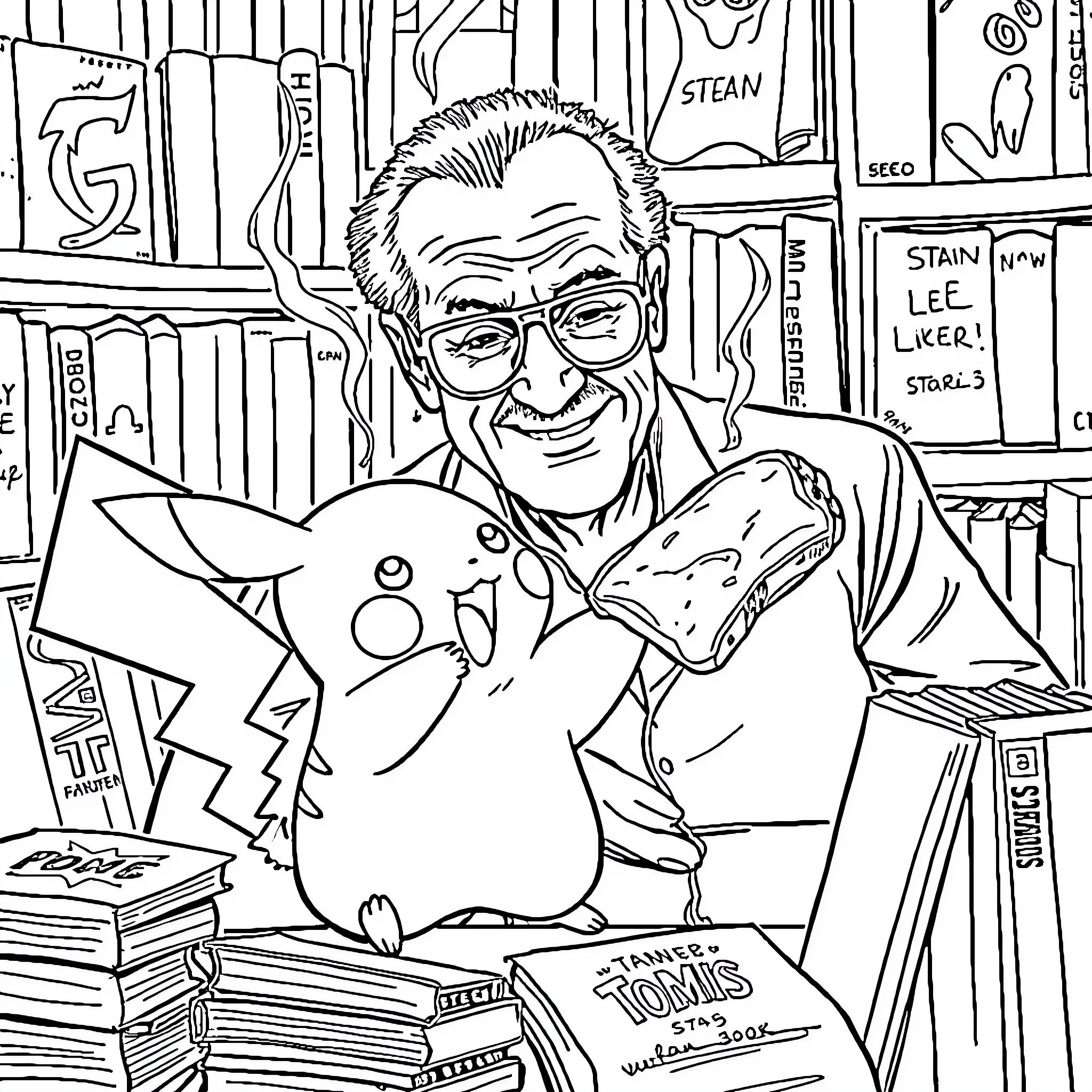 Pikachu and the Smiling Bookseller Coloring Page (free black-and-white line drawing printable PDF for all, from beginners to advanced learners, including children, teens, adults, and seniors)