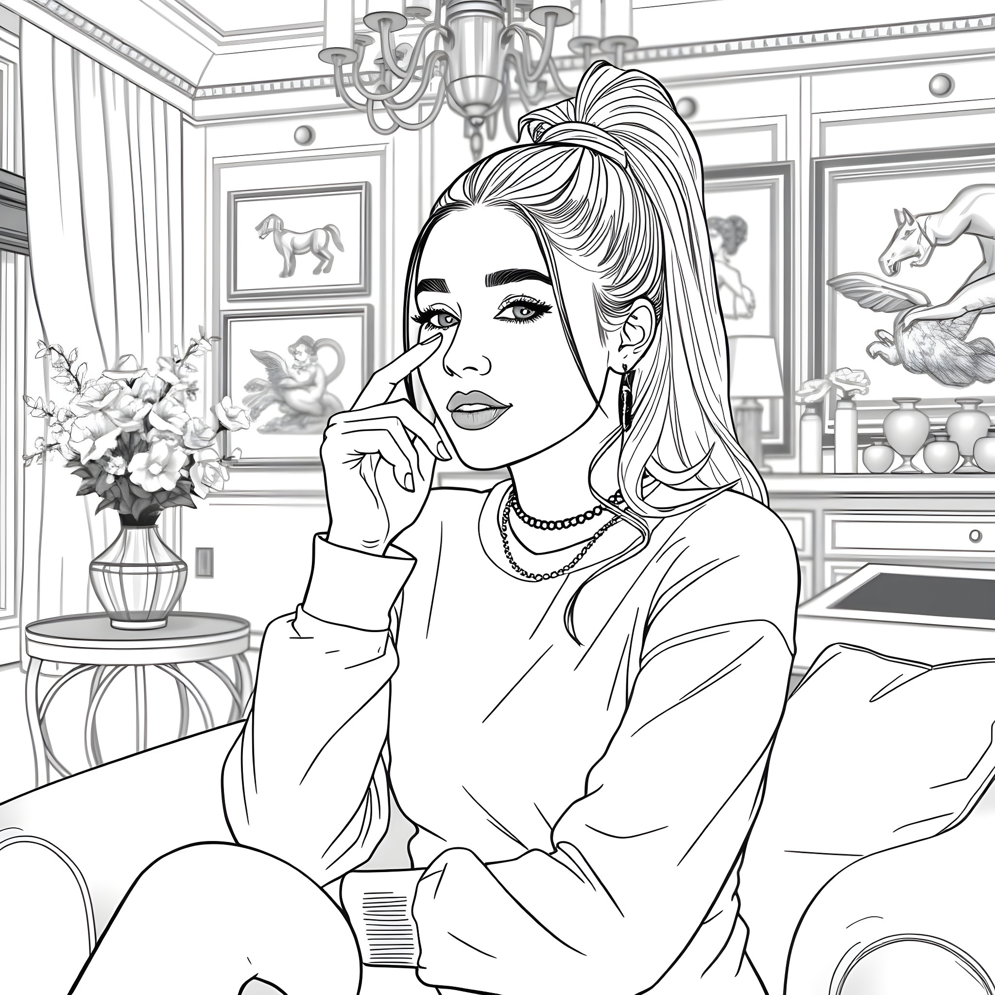 Ariana Grande posing elegantly in a fancy room Coloring Page (free black-and-white line drawing printable PDF for all, from beginners to advanced learners, including children, teens, adults, and seniors)