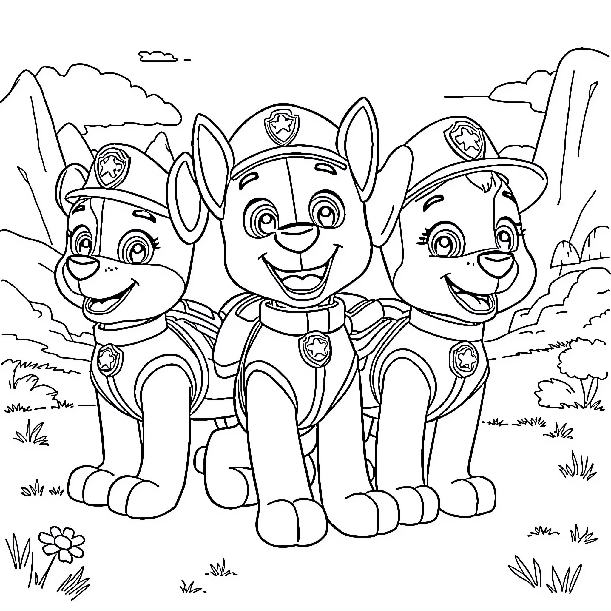 Paw Patrol characters in a nature scene Coloring Page (free black-and-white line drawing printable PDF for all, from beginners to advanced learners, including children, teens, adults, and seniors)