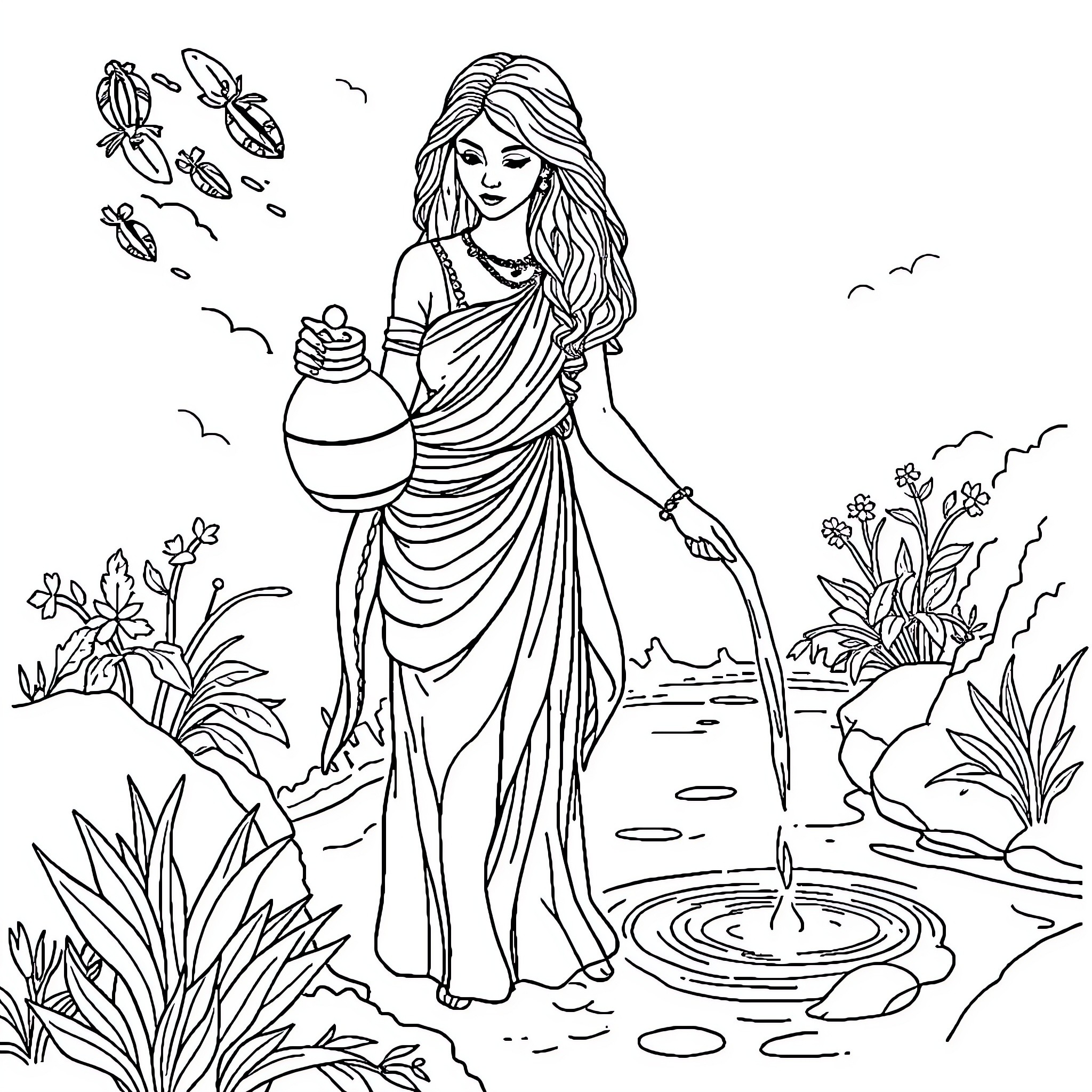 Kabyle woman in traditional attire by a tranquil pond Coloring Page (free black-and-white line drawing printable PDF for all, from beginners to advanced learners, including children, teens, adults, and seniors)