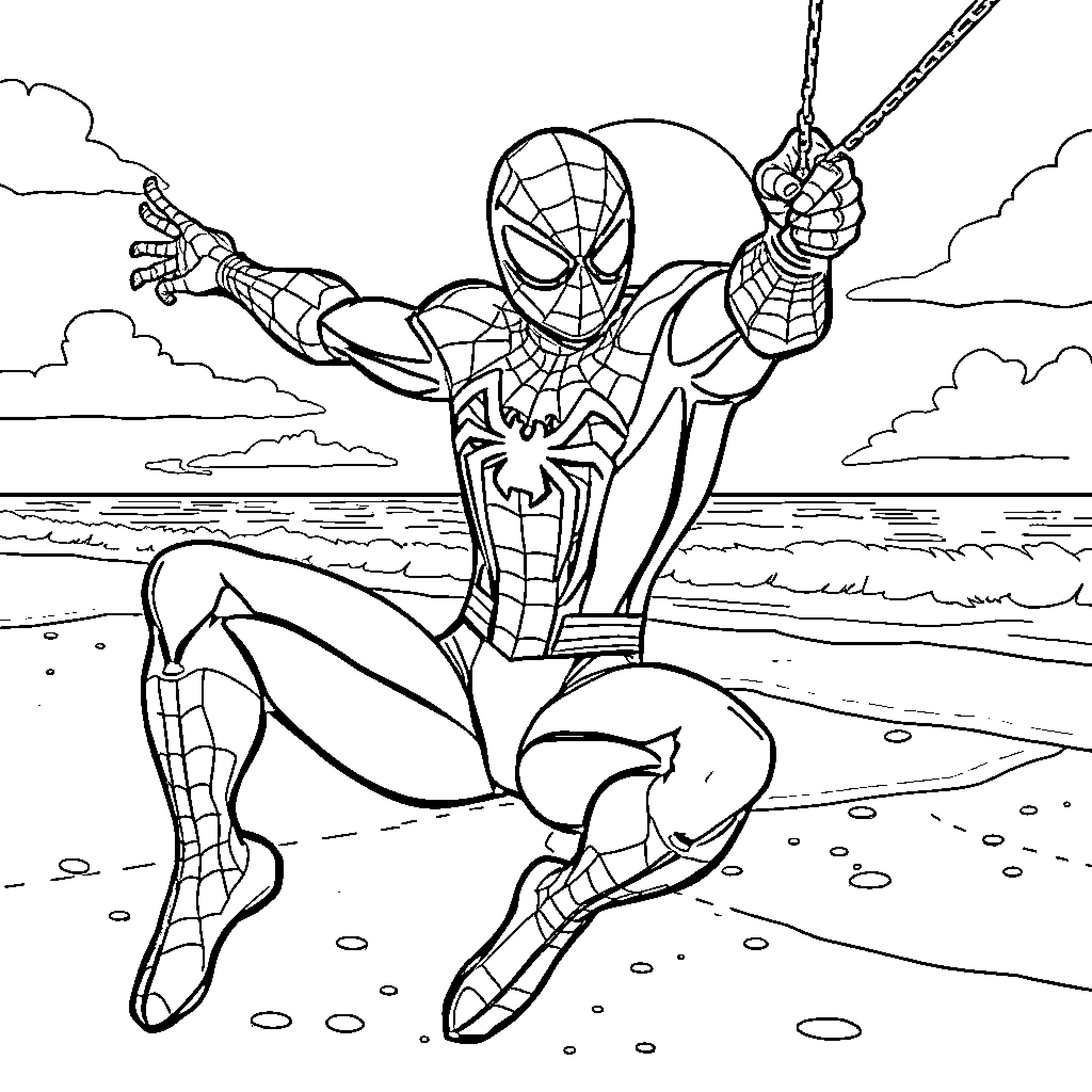 Spider-Man swinging heroically over the beach Coloring Page (free black-and-white line drawing printable PDF for all, from beginners to advanced learners, including children, teens, adults, and seniors)