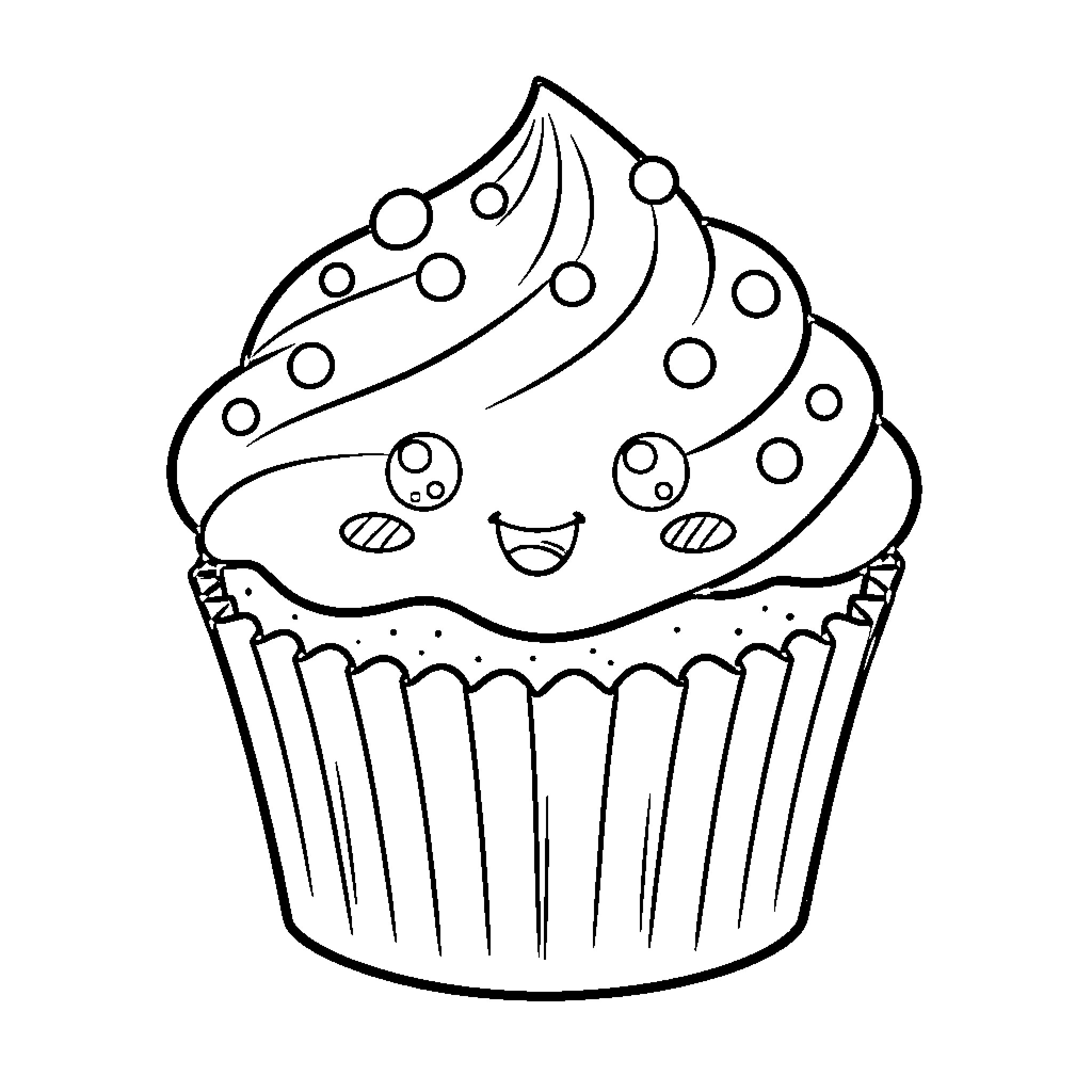 Roudoudou's Cute Cupcake Delight Coloring Page (free black-and-white line drawing printable PDF for all, from beginners to advanced learners, including children, teens, adults, and seniors)