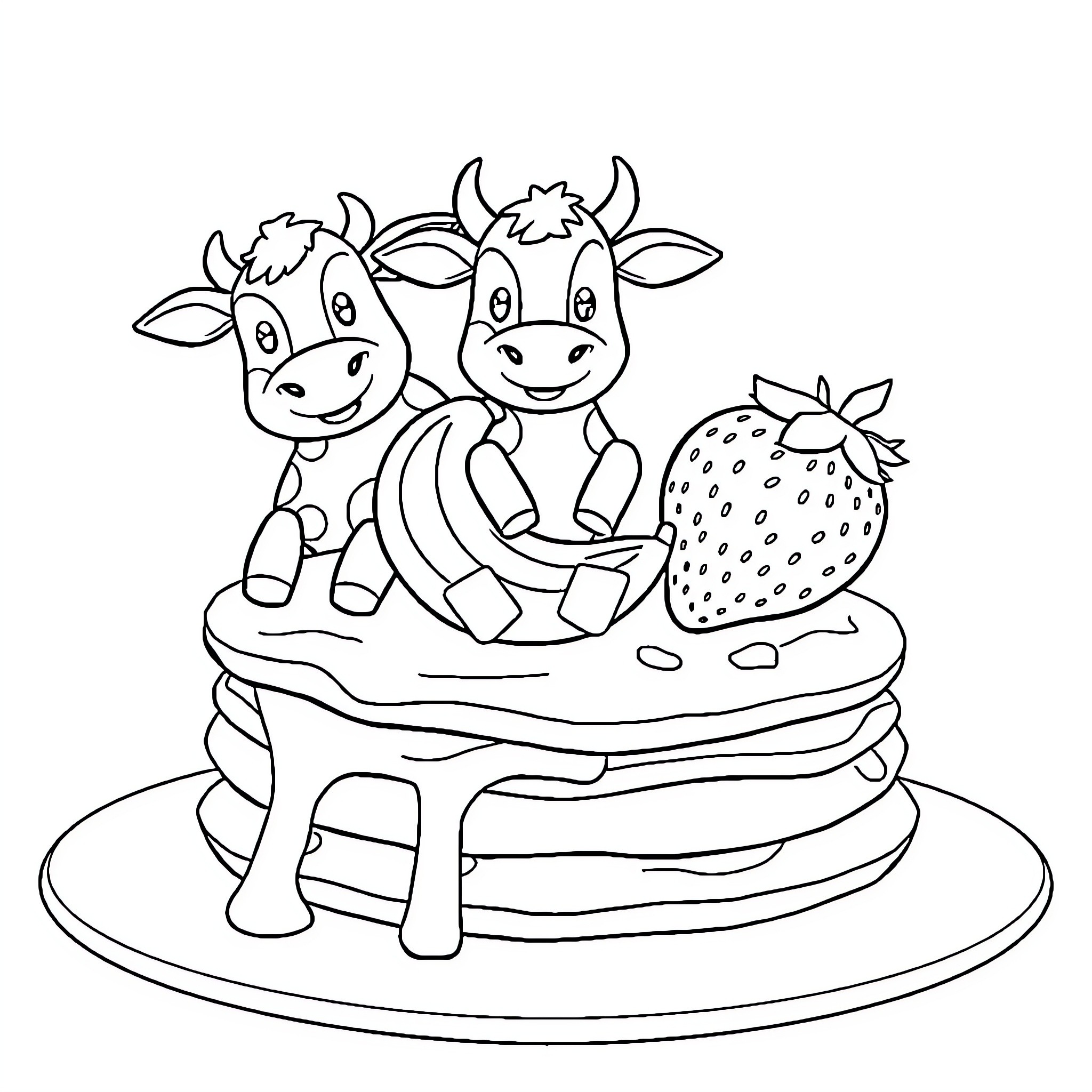 Cows enjoying a delicious pancake breakfast Coloring Page (free black-and-white line drawing printable PDF for all, from beginners to advanced learners, including children, teens, adults, and seniors)