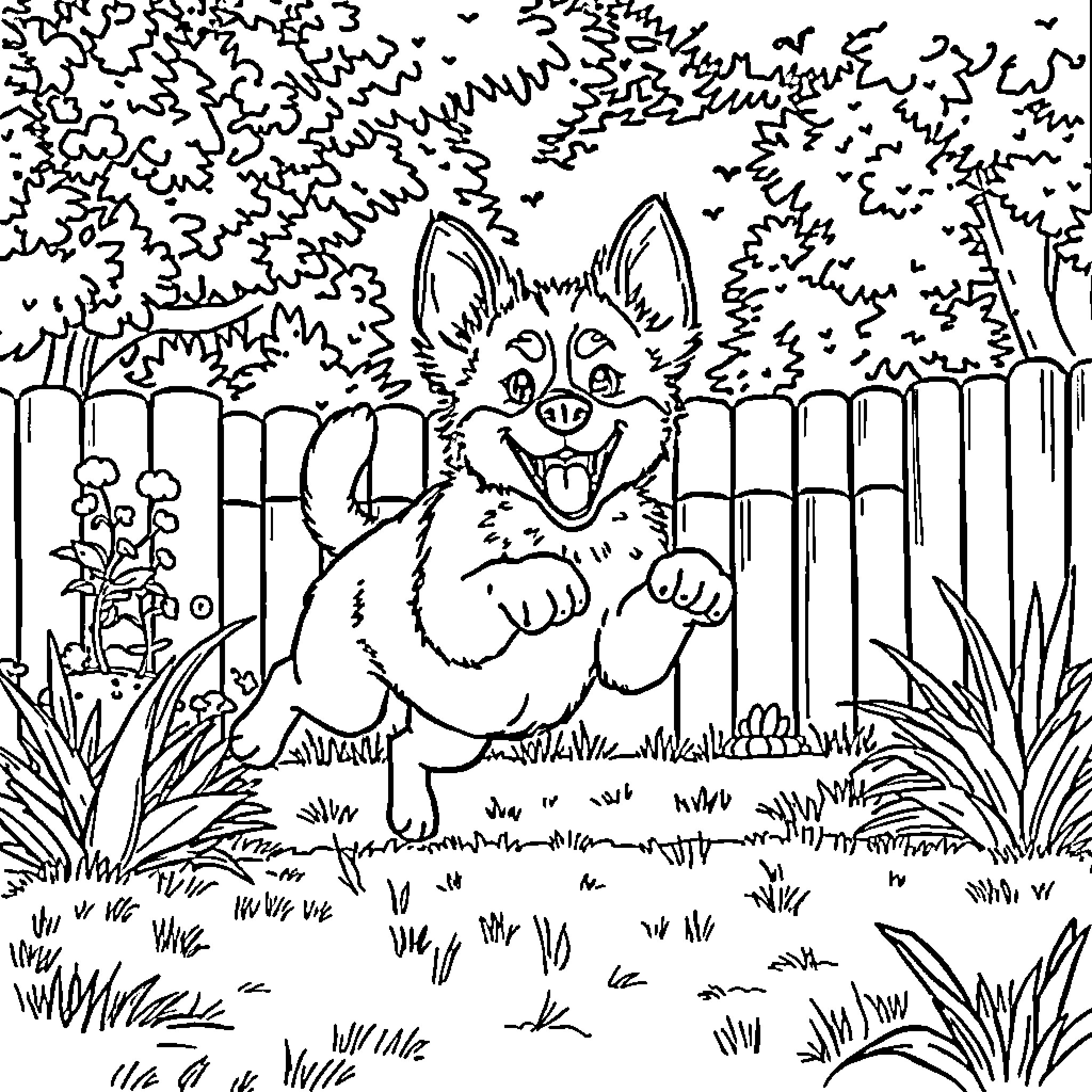 Bluey playing happily in the backyard Coloring Page (free black-and-white line drawing printable PDF for all, from beginners to advanced learners, including children, teens, adults, and seniors)