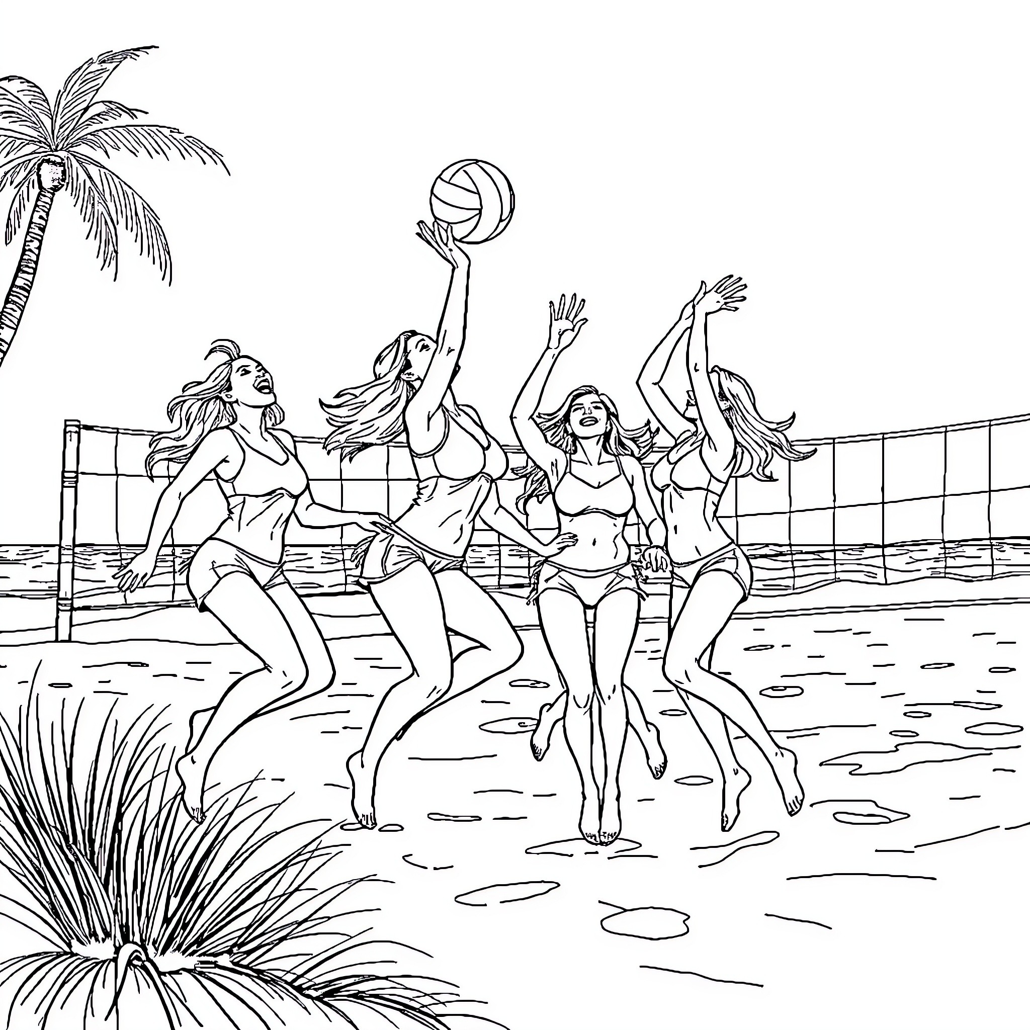 Women playing beach volleyball on sunny day Coloring Page (free black-and-white line drawing printable PDF for all, from beginners to advanced learners, including children, teens, adults, and seniors)