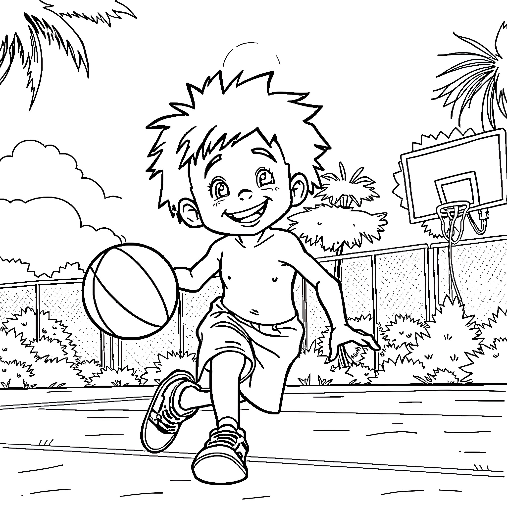 Basketball Player Enjoying Outdoor Game Coloring Page (free black-and-white line drawing printable PDF for all, from beginners to advanced learners, including children, teens, adults, and seniors)