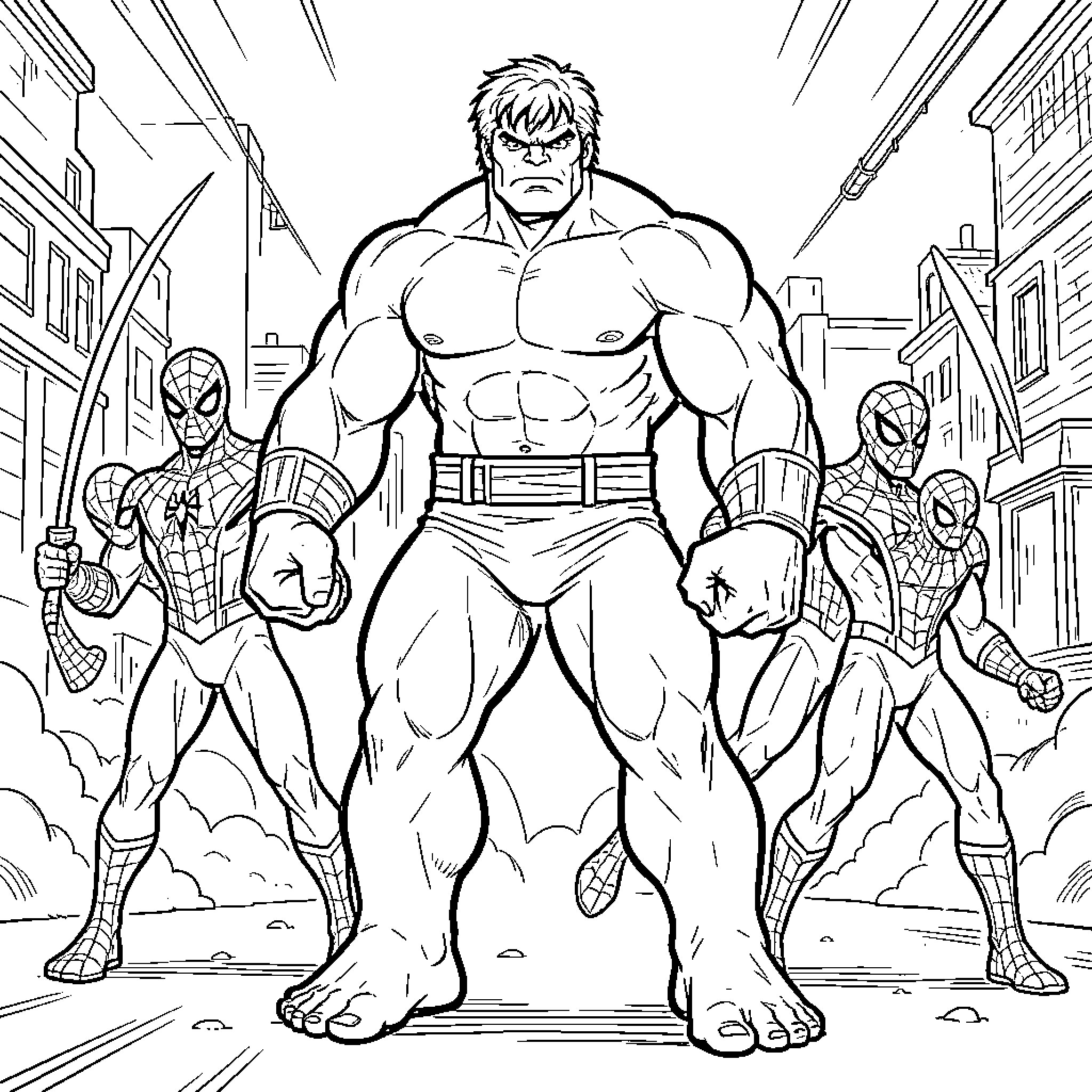 Hulk confronting spider heroes in the city Coloring Page (free black-and-white line drawing printable PDF for all, from beginners to advanced learners, including children, teens, adults, and seniors)