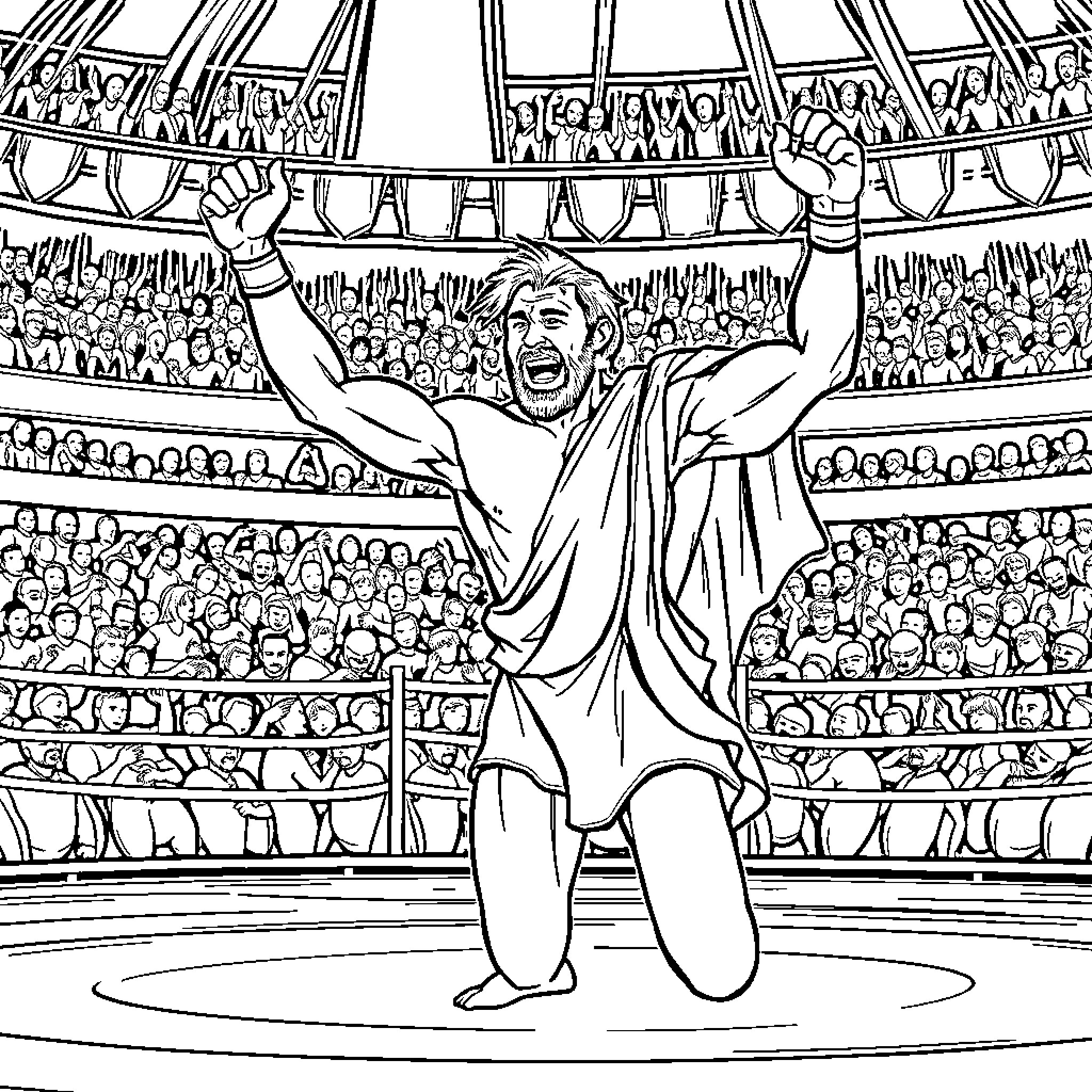 Wrestler celebrating victory in front of cheering crowd Coloring Page (free black-and-white line drawing printable PDF for all, from beginners to advanced learners, including children, teens, adults, and seniors)
