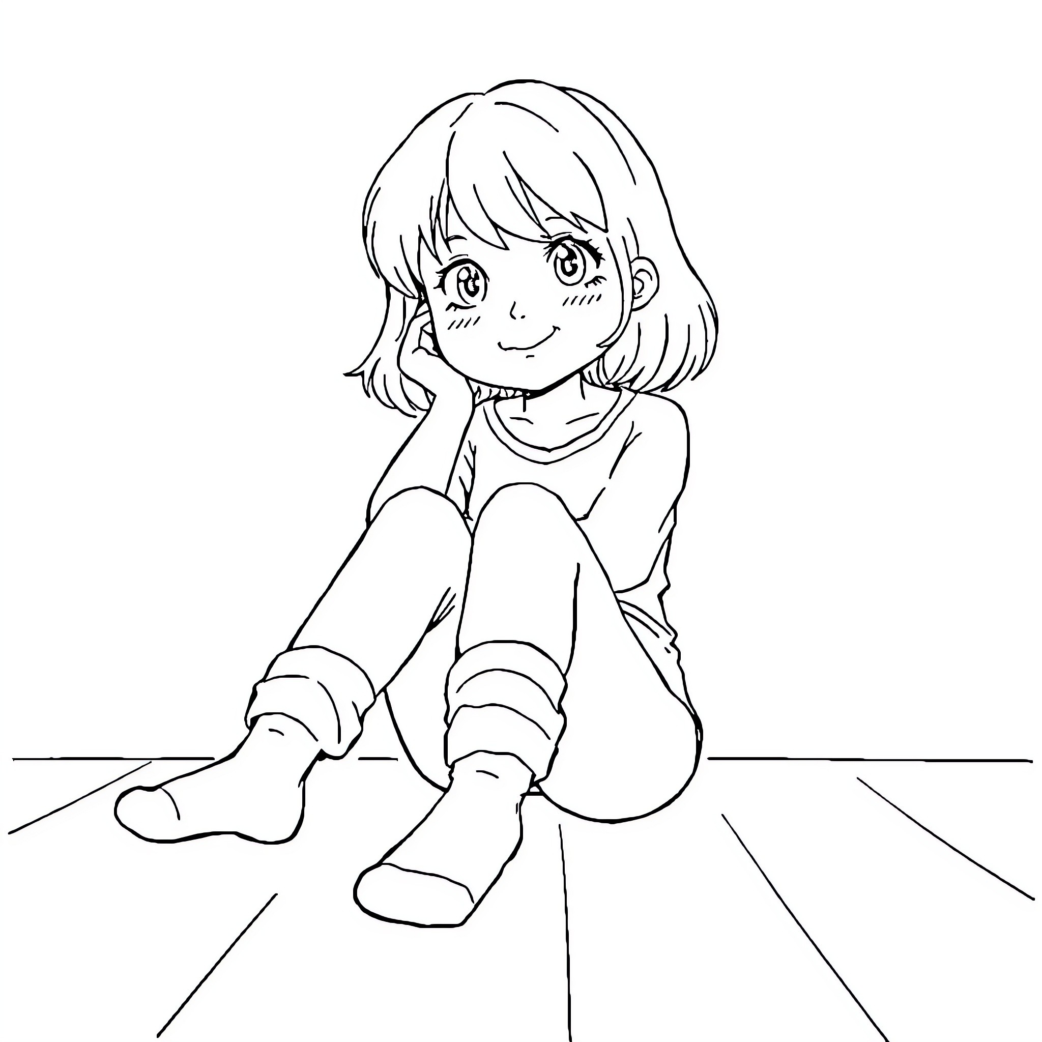 Girl sitting on the floor with a thoughtful expression Coloring Page (free black-and-white line drawing printable PDF for all, from beginners to advanced learners, including children, teens, adults, and seniors)