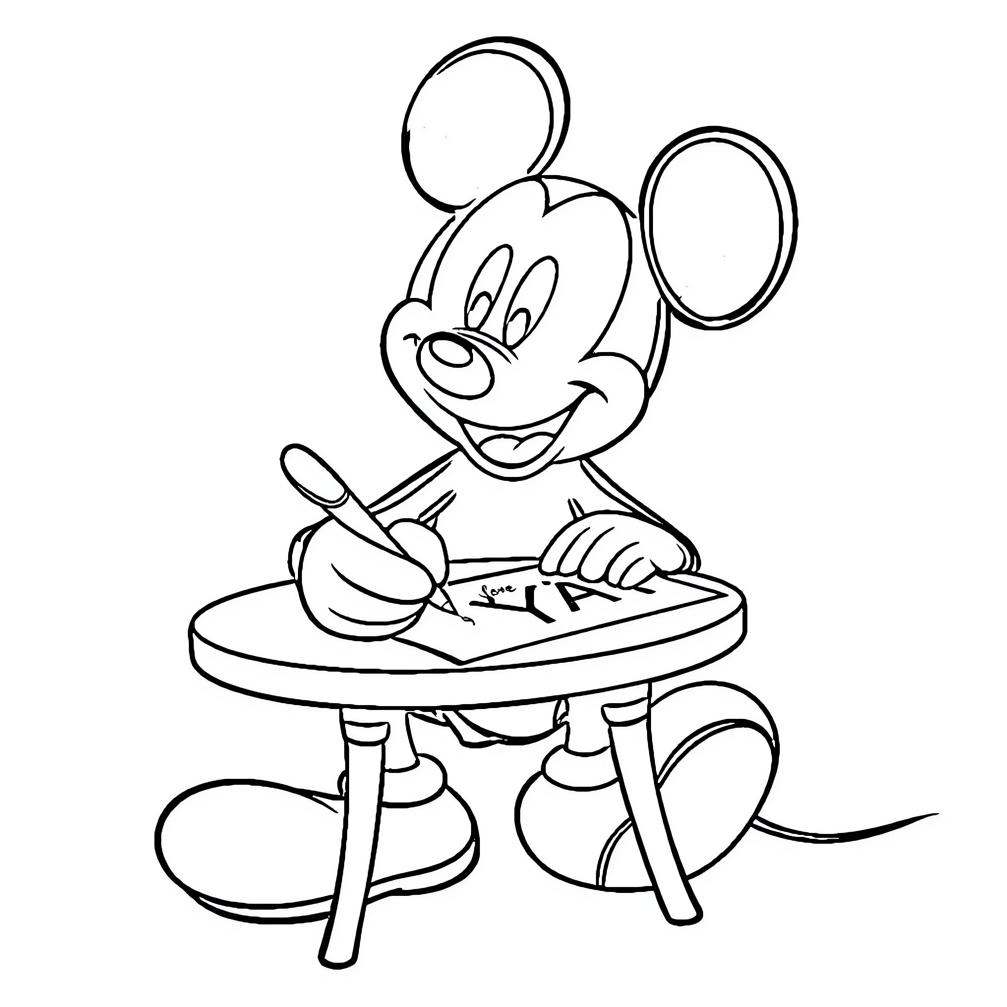 Mickey drawing happily at the desk Coloring Page (free black-and-white line drawing printable PDF for all, from beginners to advanced learners, including children, teens, adults, and seniors)