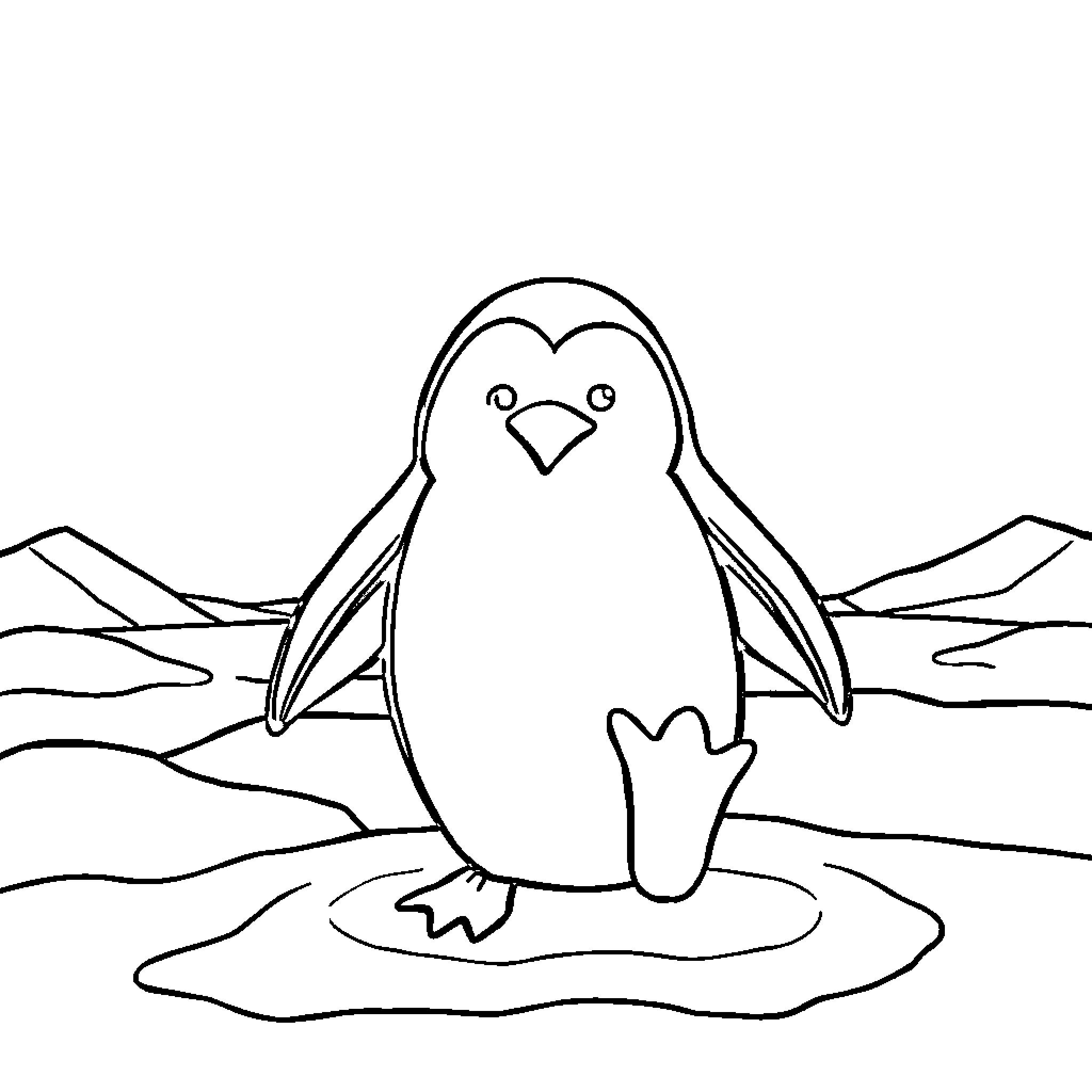 Penguin standing on ice with raised wings Coloring Page (free black-and-white line drawing printable PDF for all, from beginners to advanced learners, including children, teens, adults, and seniors)