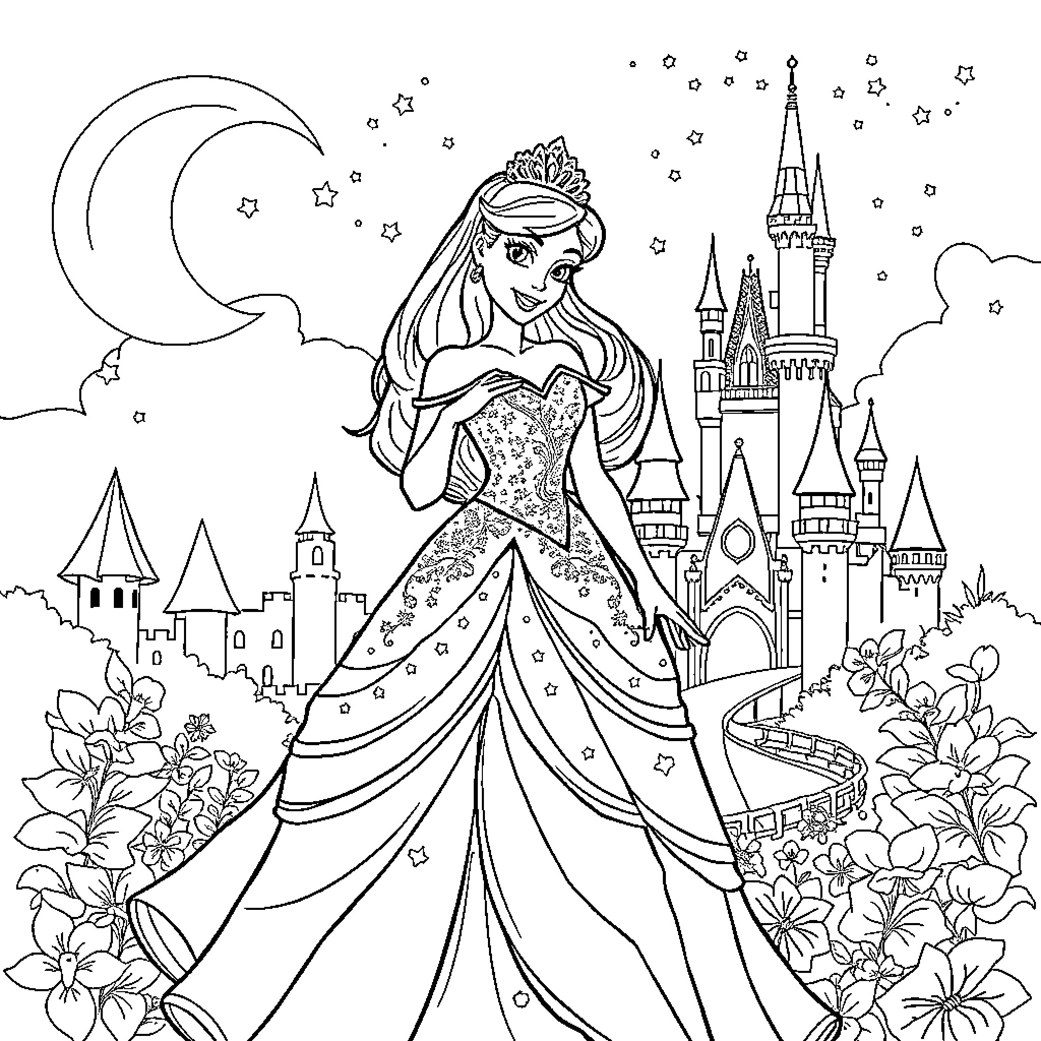 Princess in Enchanting Castle Scenery Coloring Page (free black-and-white line drawing printable PDF for all, from beginners to advanced learners, including children, teens, adults, and seniors)