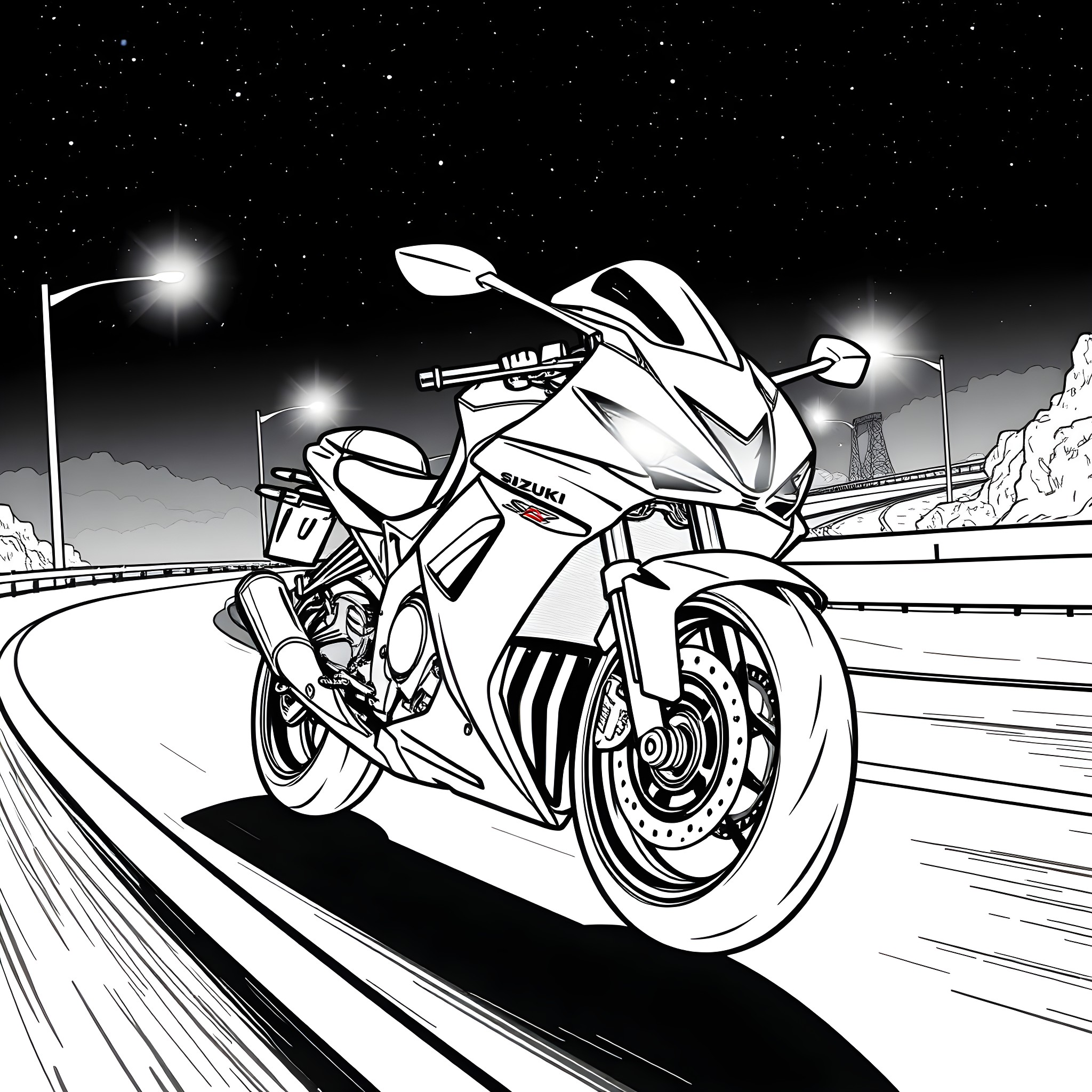 Motorcycle speeding through the night on a highway Coloring Page (free black-and-white line drawing printable PDF for all, from beginners to advanced learners, including children, teens, adults, and seniors)