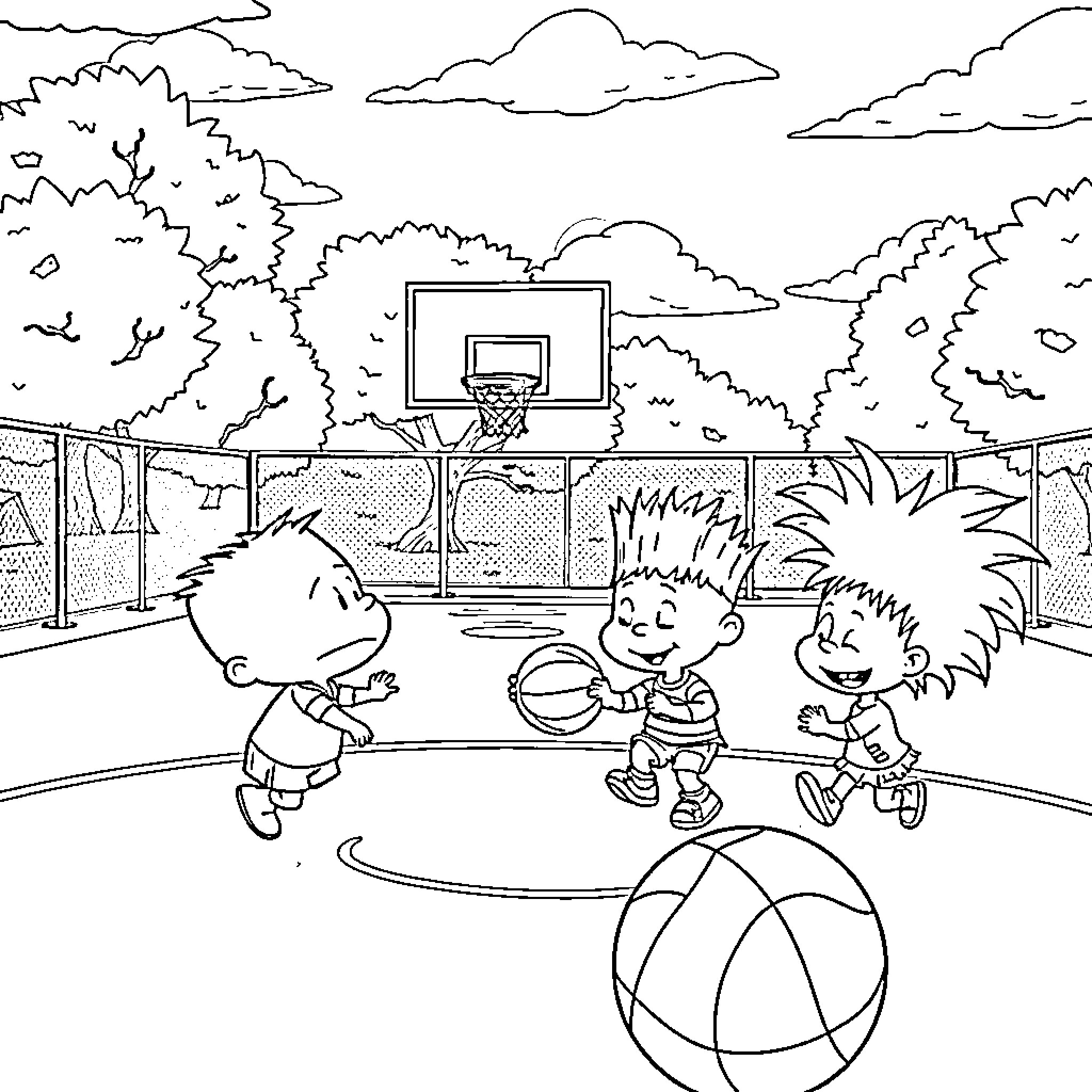 Rugrats Playing Basketball in the Park Coloring Page (free black-and-white line drawing printable PDF for all, from beginners to advanced learners, including children, teens, adults, and seniors)