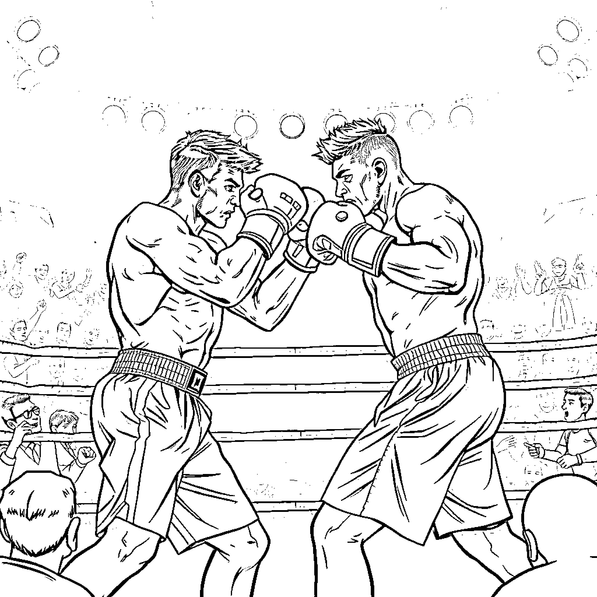Man engaging in a boxing match in a ring Coloring Page (free black-and-white line drawing printable PDF for all, from beginners to advanced learners, including children, teens, adults, and seniors)