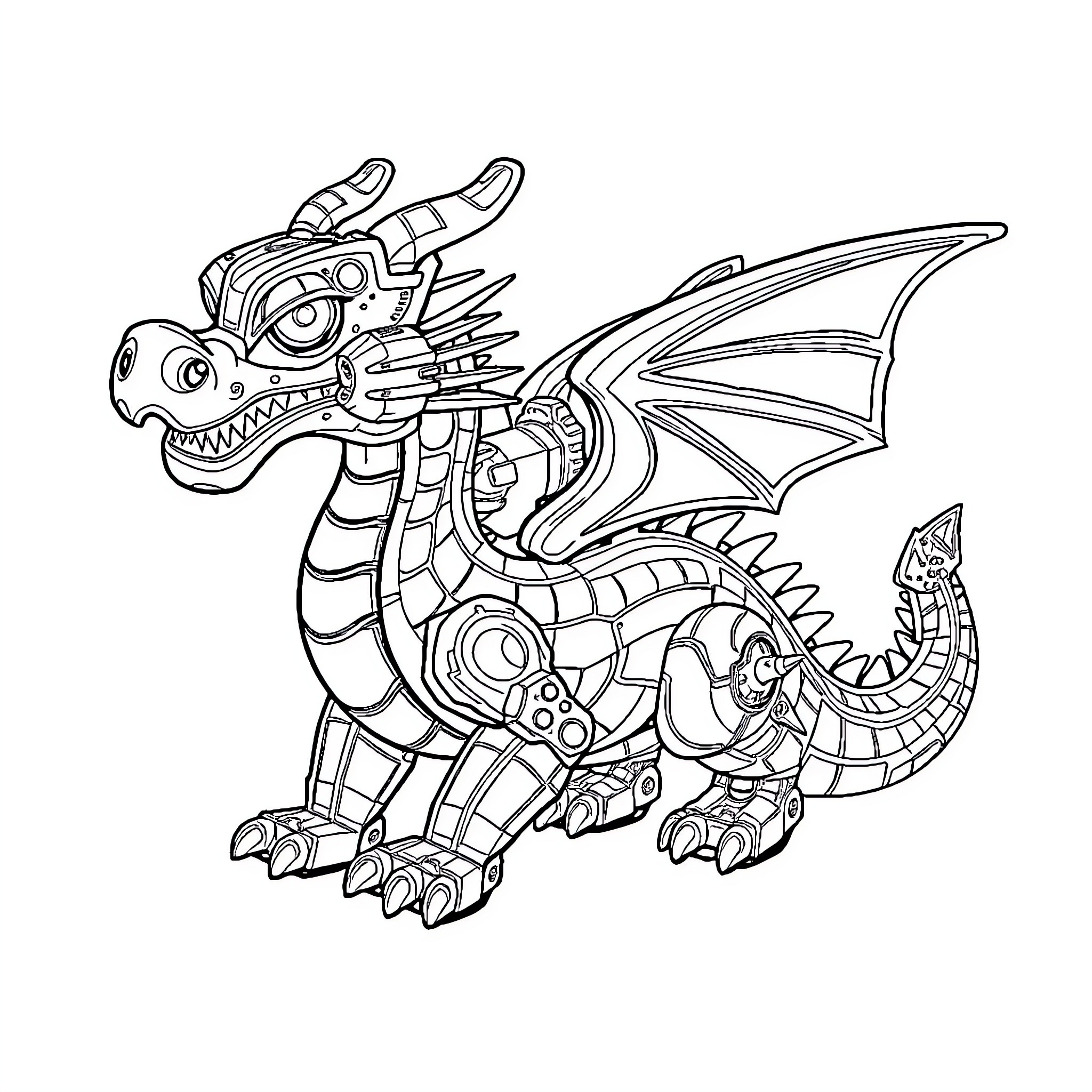 Dragon Mechanical Beast with Robotic Features Coloring Page (free black-and-white line drawing printable PDF for all, from beginners to advanced learners, including children, teens, adults, and seniors)