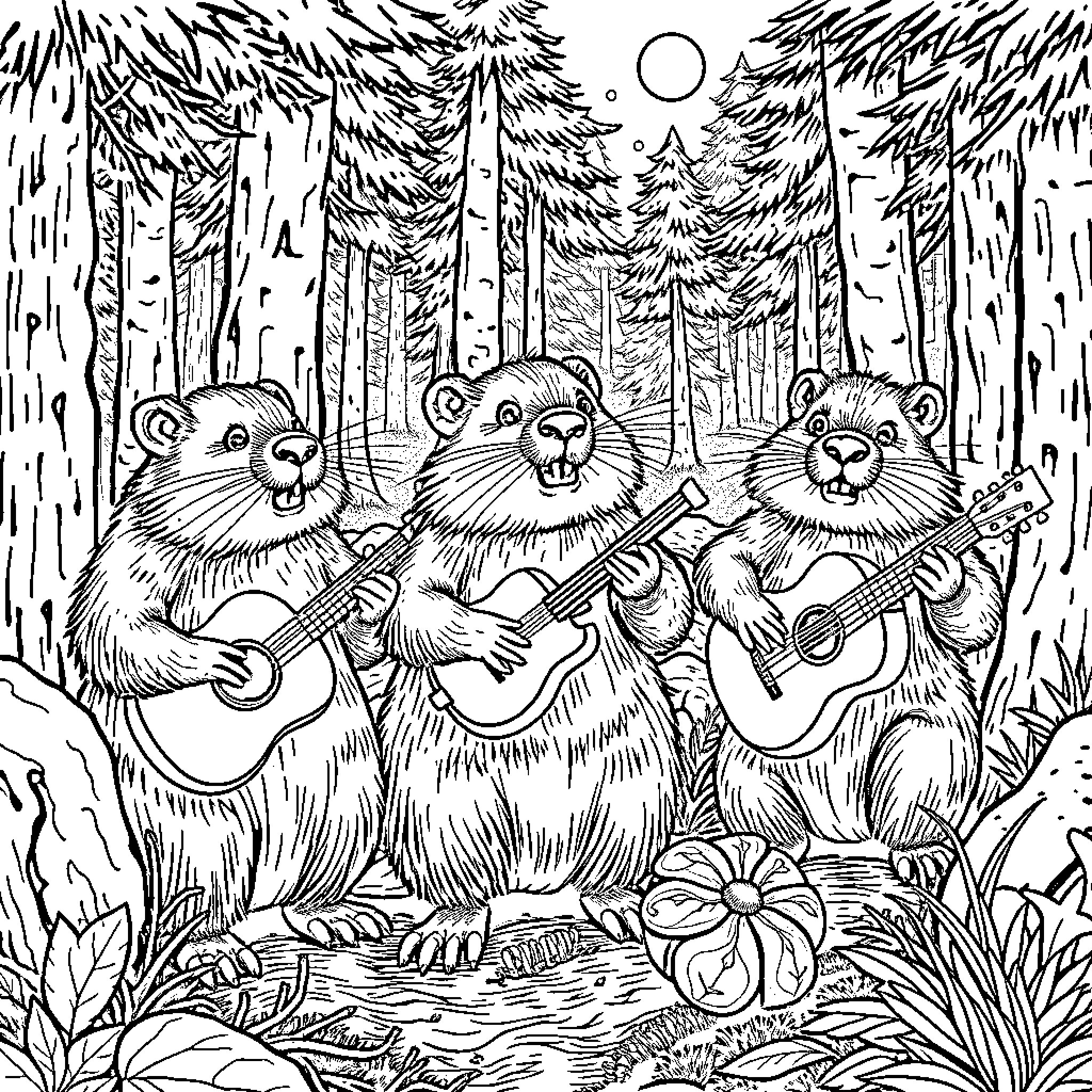 Beaver Musicians Performing in the Forest Coloring Page (free black-and-white line drawing printable PDF for all, from beginners to advanced learners, including children, teens, adults, and seniors)