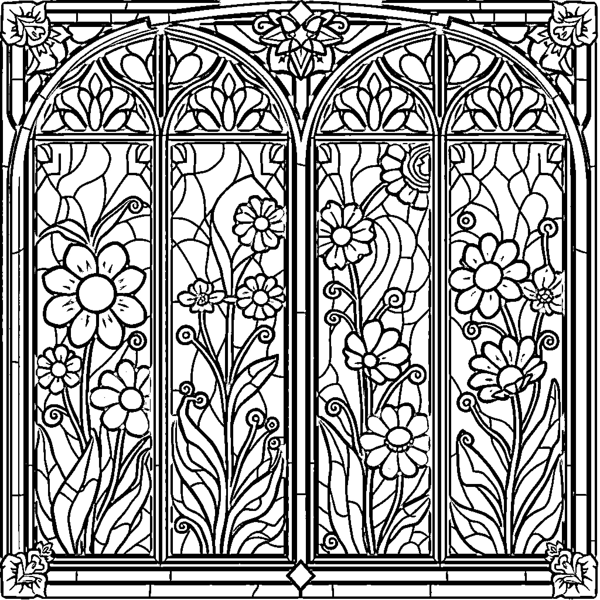 Flower Stained Glass Window Art Coloring Page (free black-and-white line drawing printable PDF for all, from beginners to advanced learners, including children, teens, adults, and seniors)