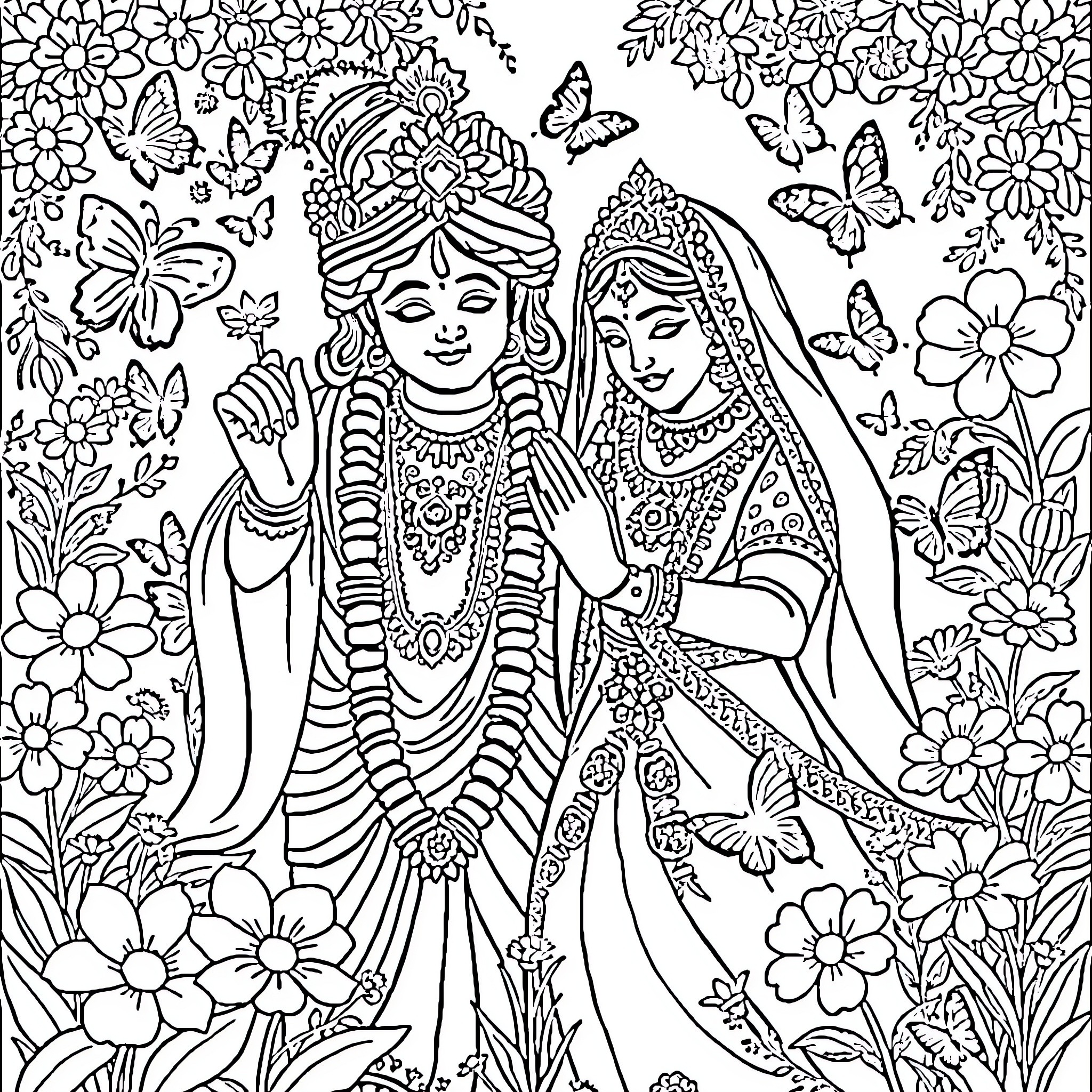 Krishna and Radha in a Floral Garden Coloring Page (free black-and-white line drawing printable PDF for all, from beginners to advanced learners, including children, teens, adults, and seniors)