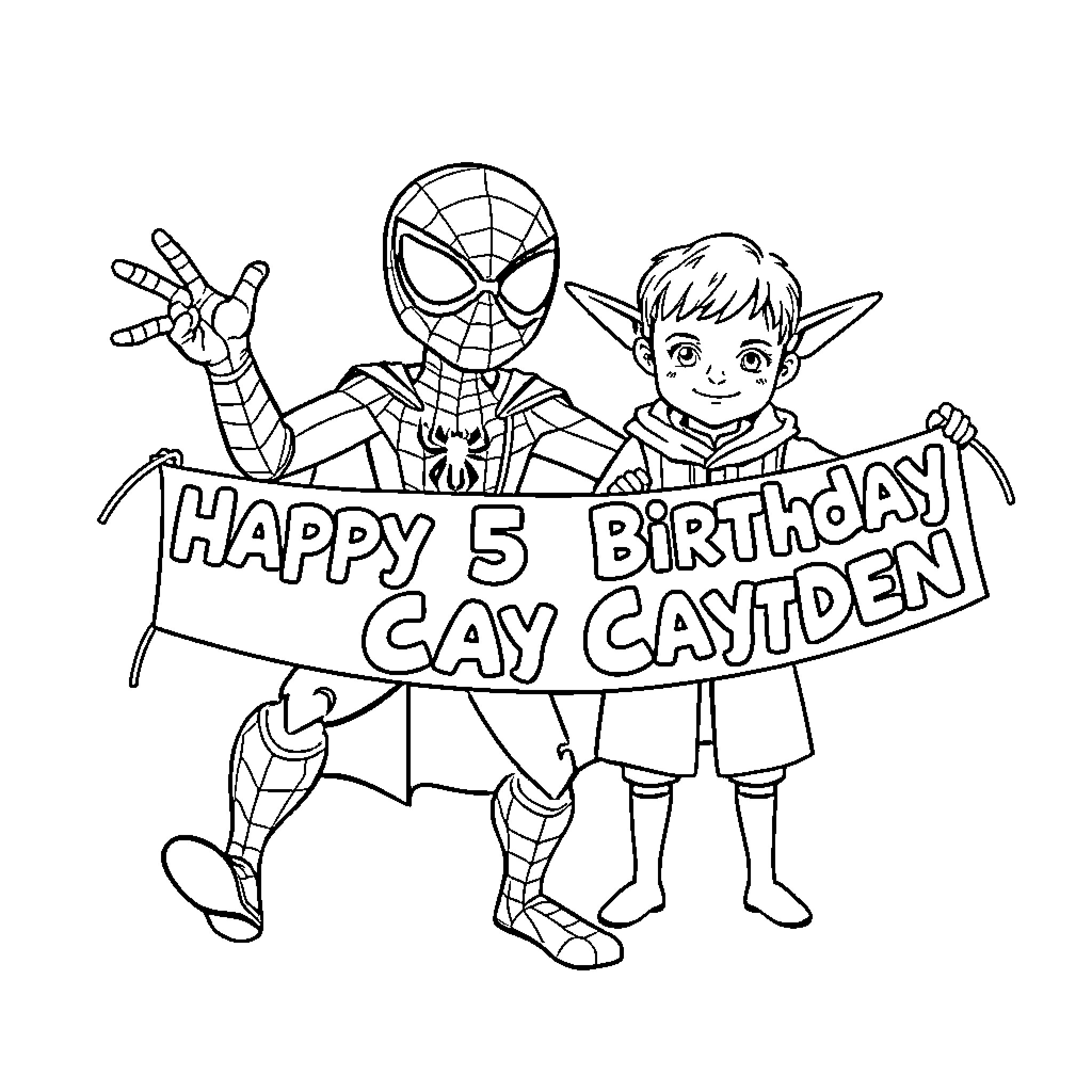 Spidey and Elf celebrating a birthday Coloring Page (free black-and-white line drawing printable PDF for all, from beginners to advanced learners, including children, teens, adults, and seniors)