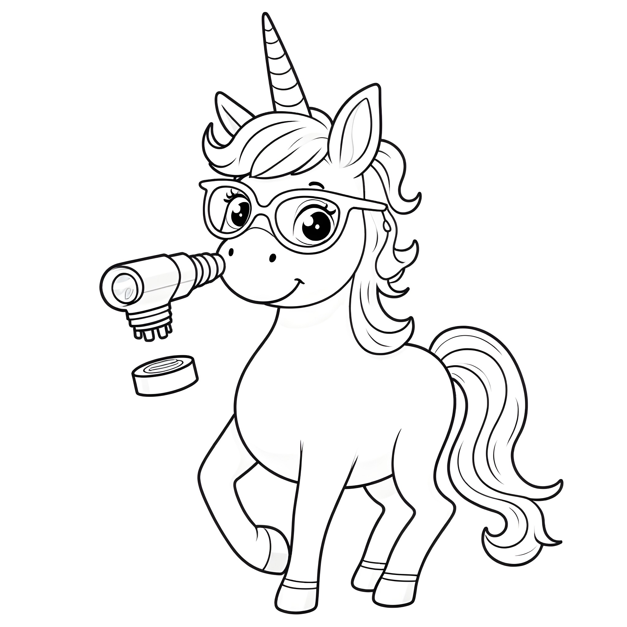 Unicorn Scientist Examining Experiment Coloring Page (free black-and-white line drawing printable PDF for all, from beginners to advanced learners, including children, teens, adults, and seniors)