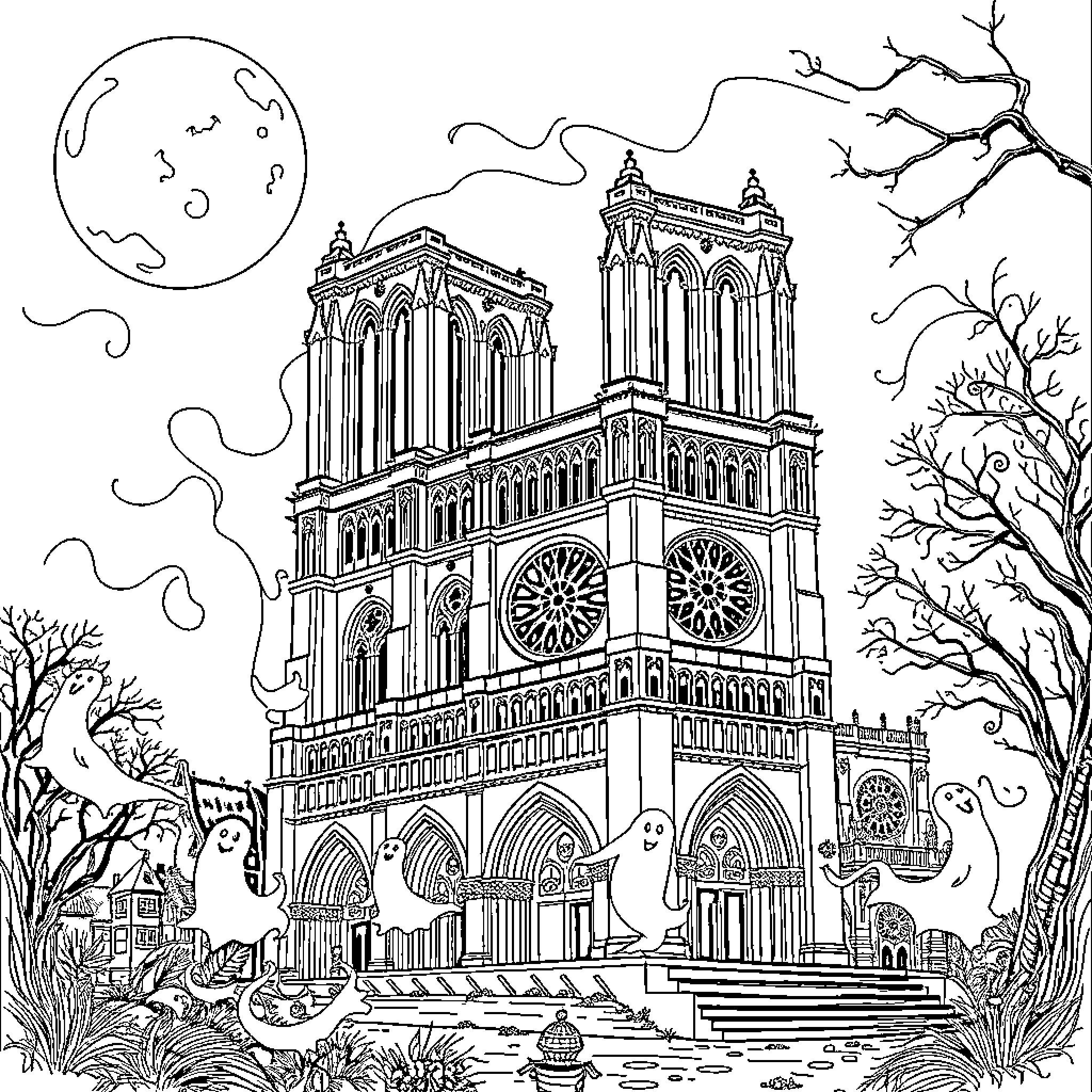 Notre-Dame Cathedral in a serene landscape Coloring Page (free black-and-white line drawing printable PDF for all, from beginners to advanced learners, including children, teens, adults, and seniors)