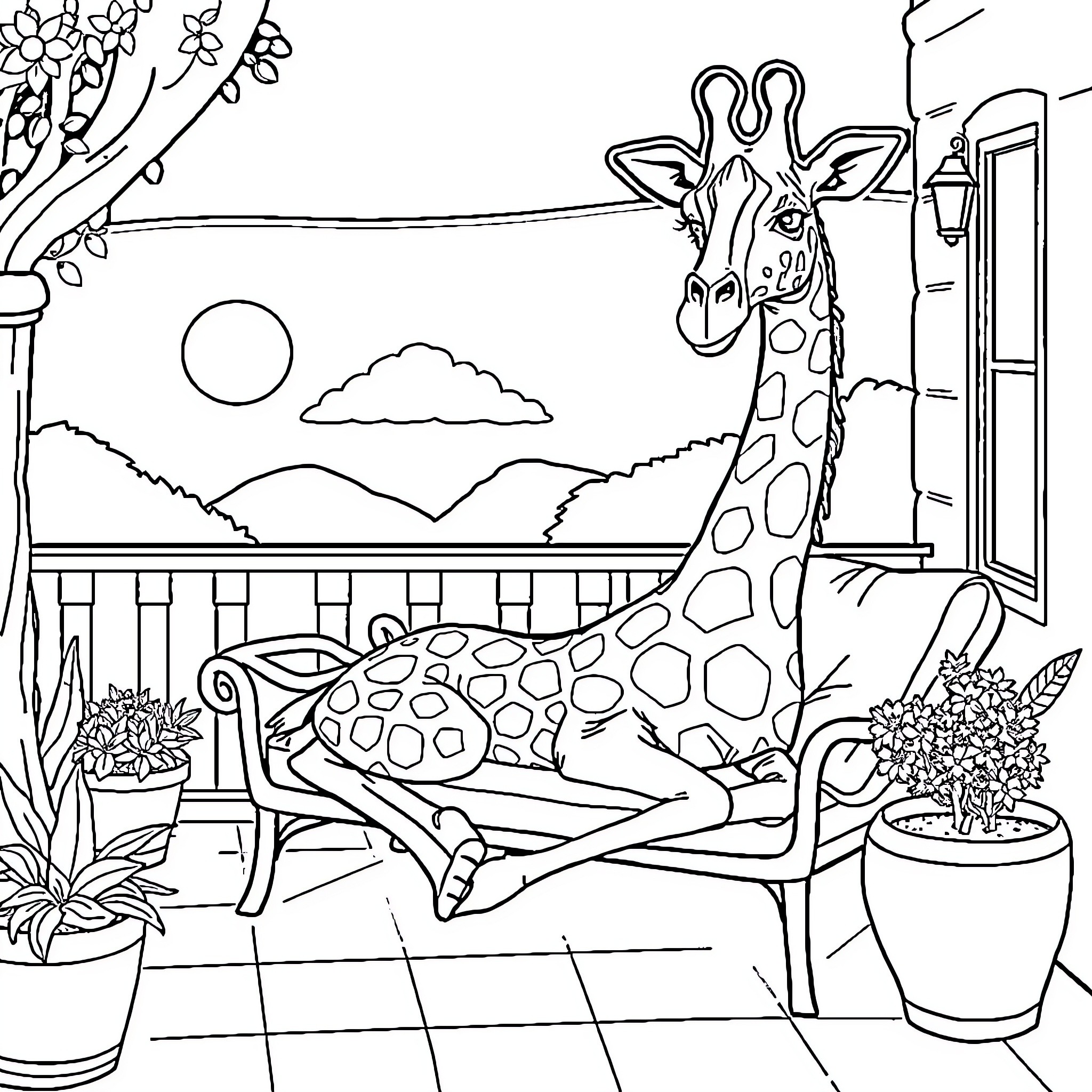 Giraffe resting peacefully in a cozy garden scene Coloring Page (free black-and-white line drawing printable PDF for all, from beginners to advanced learners, including children, teens, adults, and seniors)