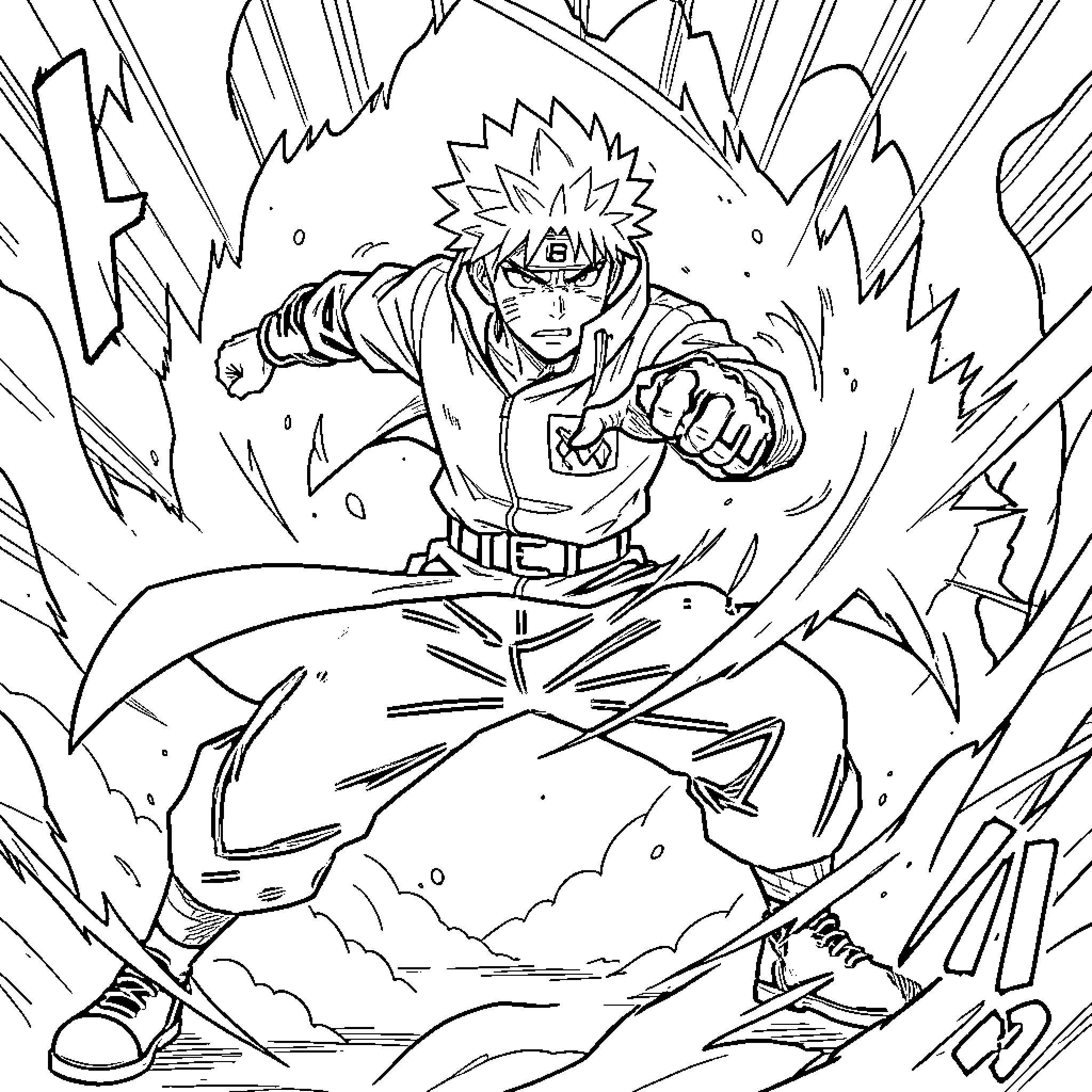 Gojo striking a powerful combat pose amidst energy waves Coloring Page (free black-and-white line drawing printable PDF for all, from beginners to advanced learners, including children, teens, adults, and seniors)