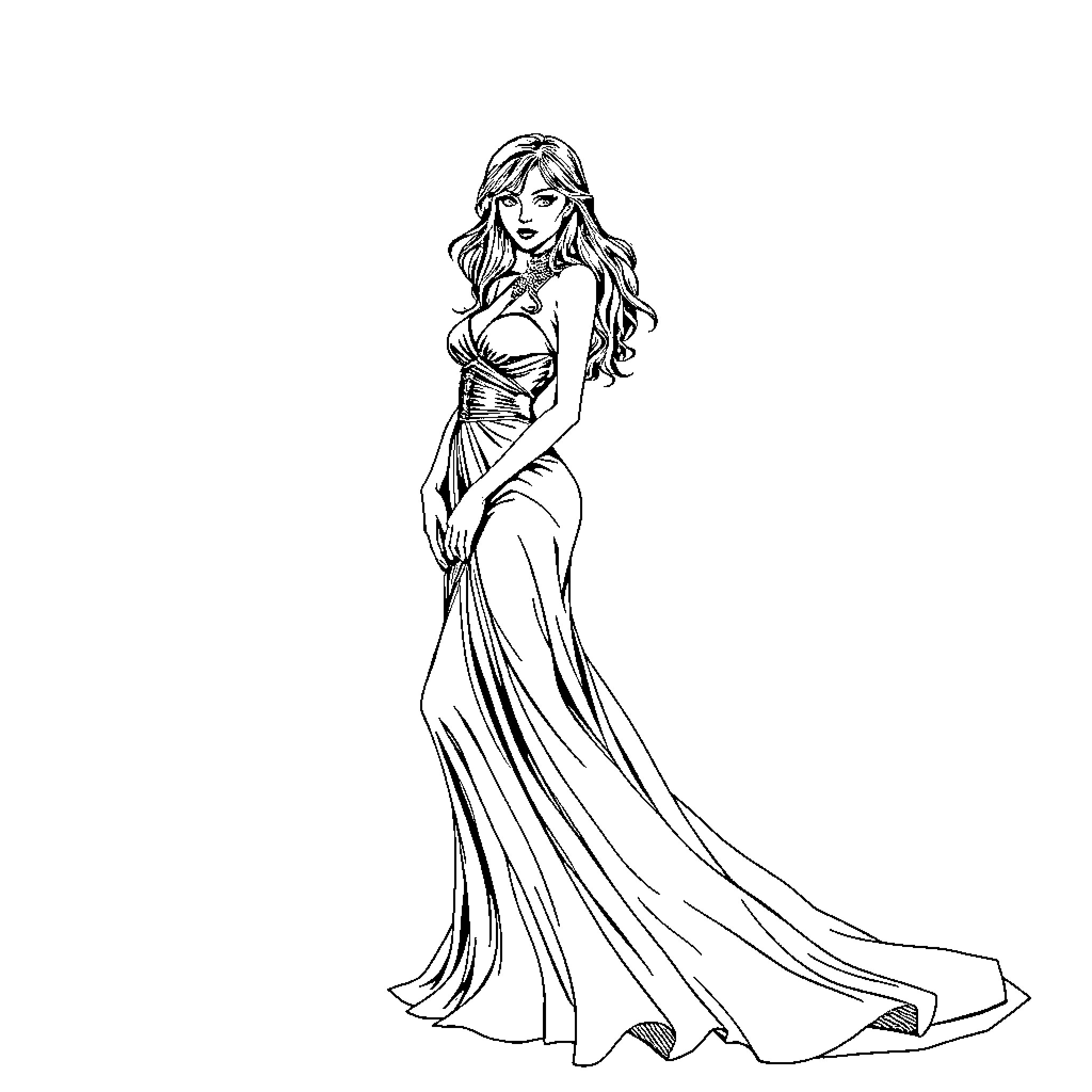 Goth Lady in Flowing Dress Coloring Page (free black-and-white line drawing printable PDF for all, from beginners to advanced learners, including children, teens, adults, and seniors)