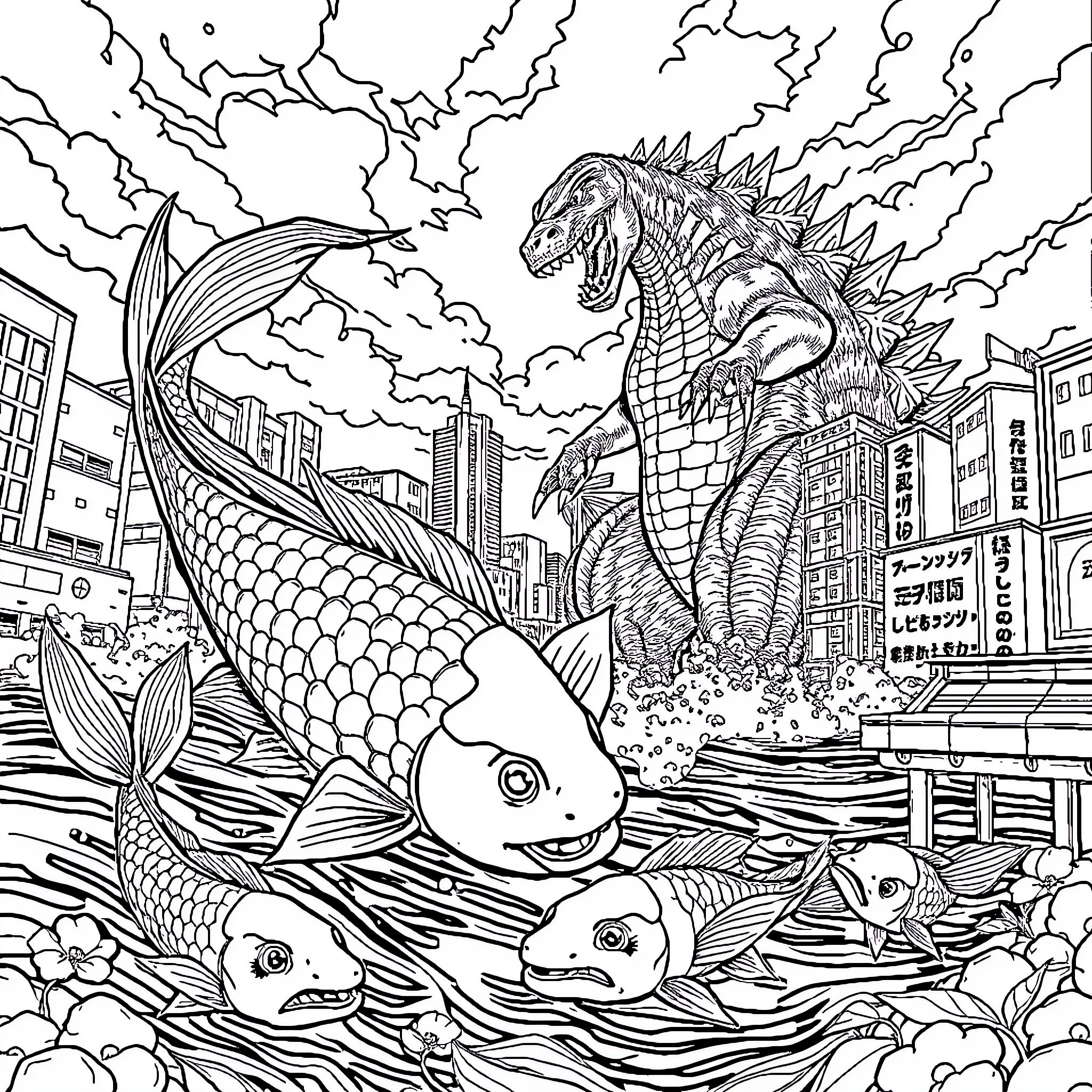 Koi Creatures Emerging from Cityscape Coloring Page (free black-and-white line drawing printable PDF for all, from beginners to advanced learners, including children, teens, adults, and seniors)