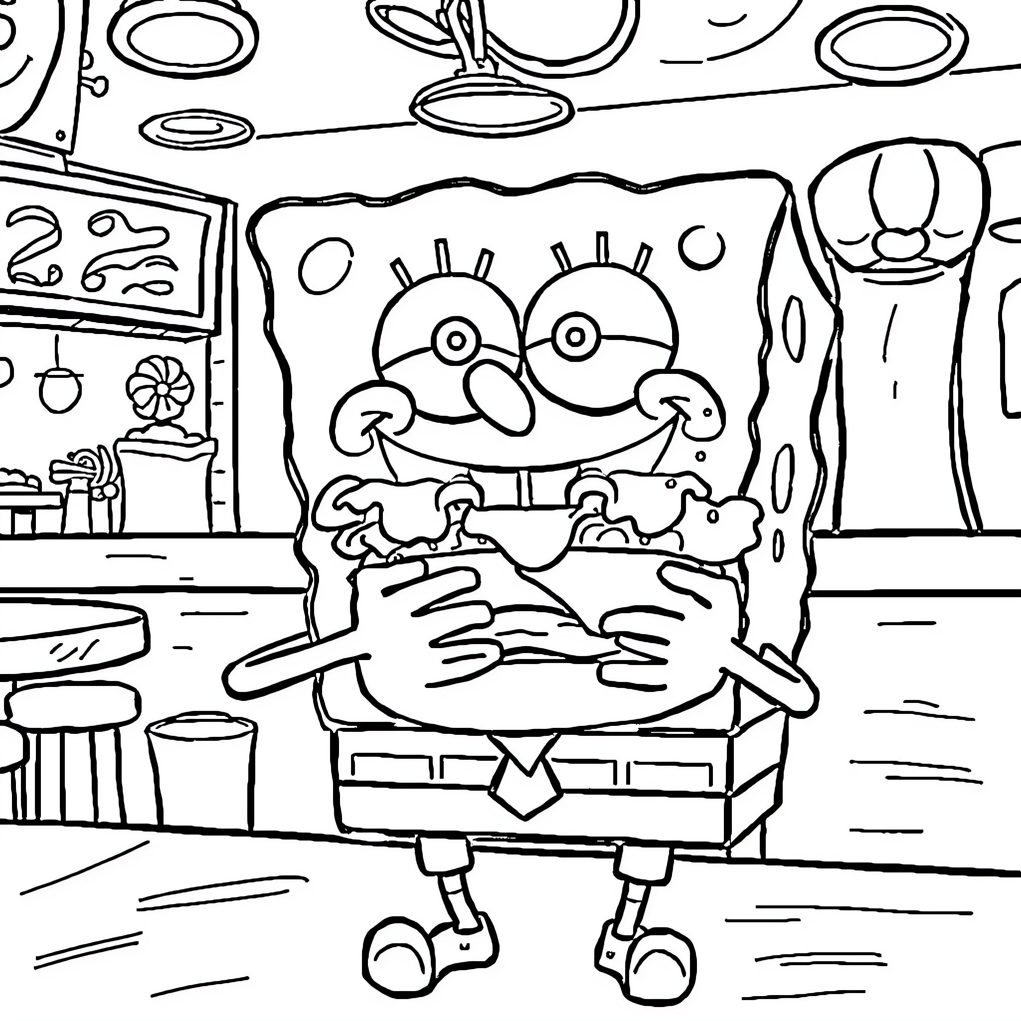 Spongebob's funny expressions and antics in his underwater home Coloring Page (free black-and-white line drawing printable PDF for all, from beginners to advanced learners, including children, teens, adults, and seniors)