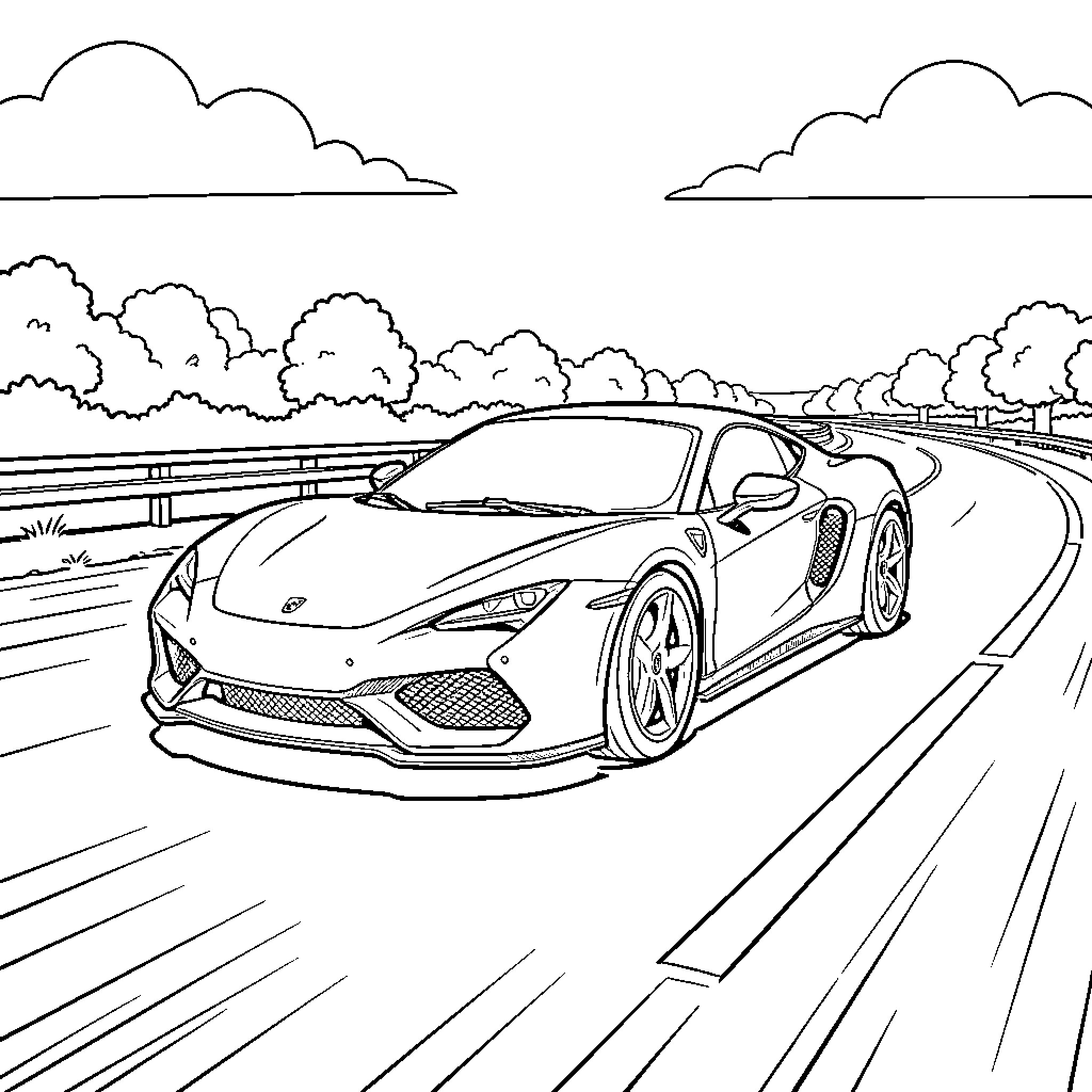 Sportcar speeding along a winding mountain road Coloring Page (free black-and-white line drawing printable PDF for all, from beginners to advanced learners, including children, teens, adults, and seniors)