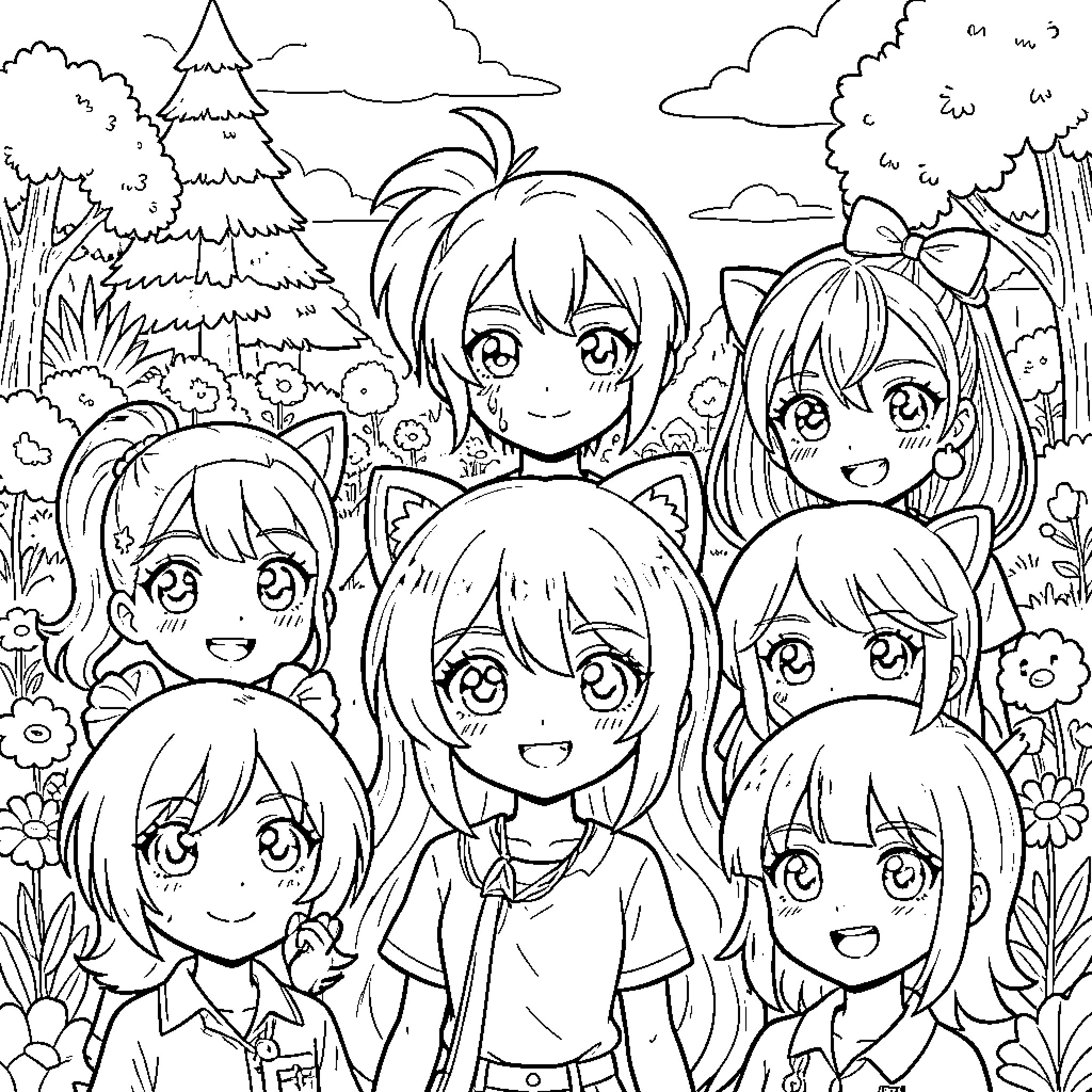 Anime Friends Explore the Whimsical Outdoors Coloring Page (free black-and-white line drawing printable PDF for all, from beginners to advanced learners, including children, teens, adults, and seniors)