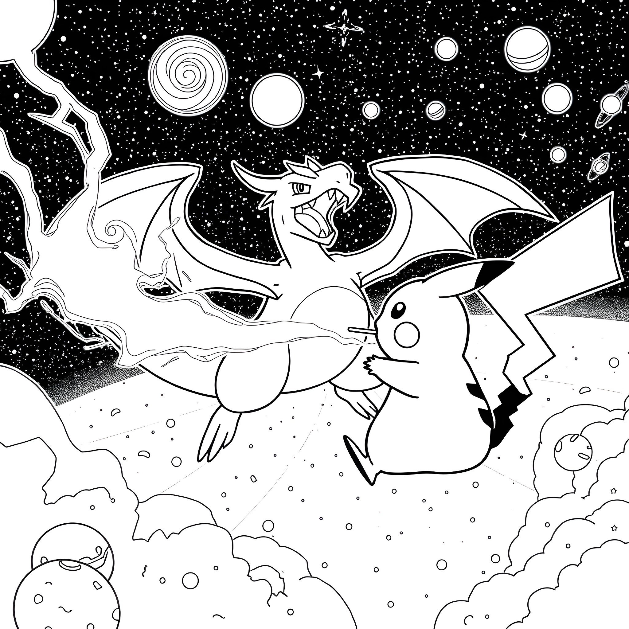 Pikachu flying with dragon in the cosmic space Coloring Page (free black-and-white line drawing printable PDF for all, from beginners to advanced learners, including children, teens, adults, and seniors)