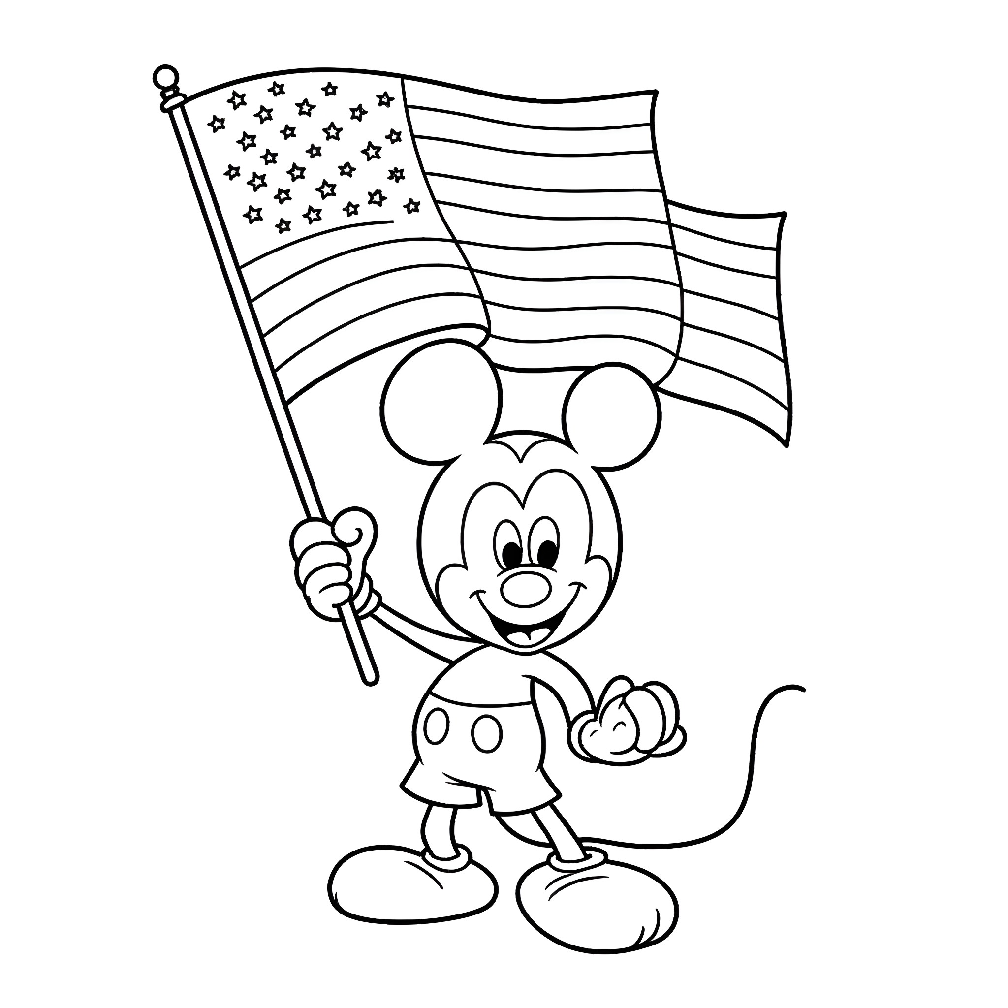 Mickey waving American flag joyfully Coloring Page (free black-and-white line drawing printable PDF for all, from beginners to advanced learners, including children, teens, adults, and seniors)