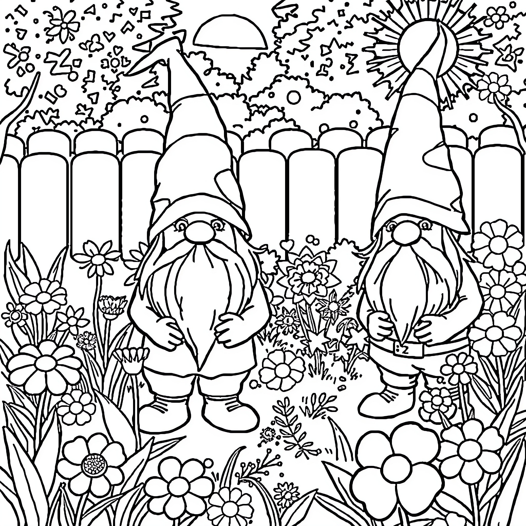 Gnome Duo Enjoying Nature's Wonders Coloring Page (free black-and-white line drawing printable PDF for all, from beginners to advanced learners, including children, teens, adults, and seniors)