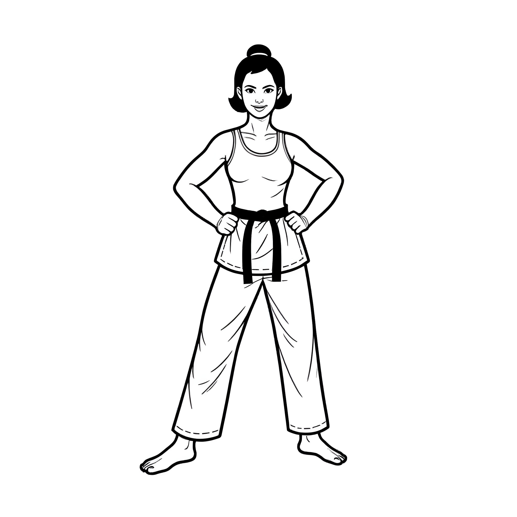Karate Woman in Confident Stance Coloring Page (free black-and-white line drawing printable PDF for all, from beginners to advanced learners, including children, teens, adults, and seniors)
