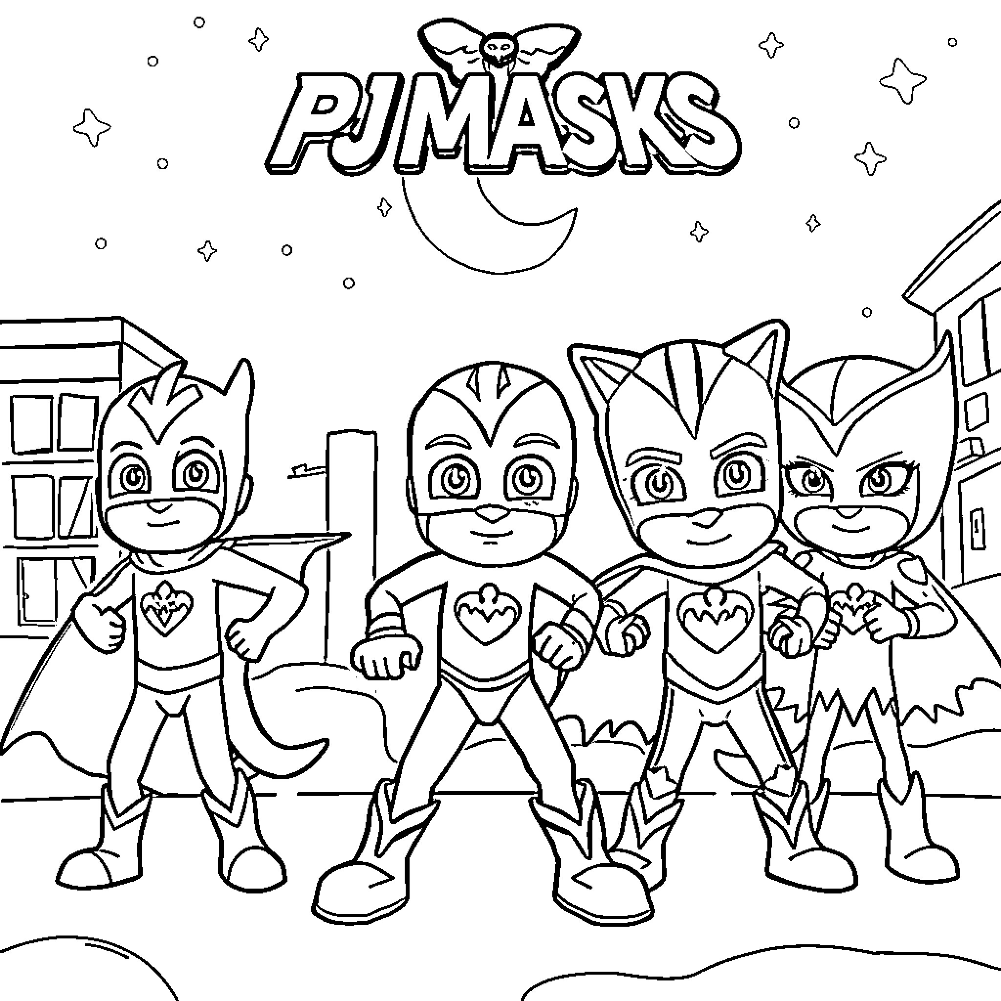 PJ Masks Heroic Trio in Action Coloring Page (free black-and-white line drawing printable PDF for all, from beginners to advanced learners, including children, teens, adults, and seniors)