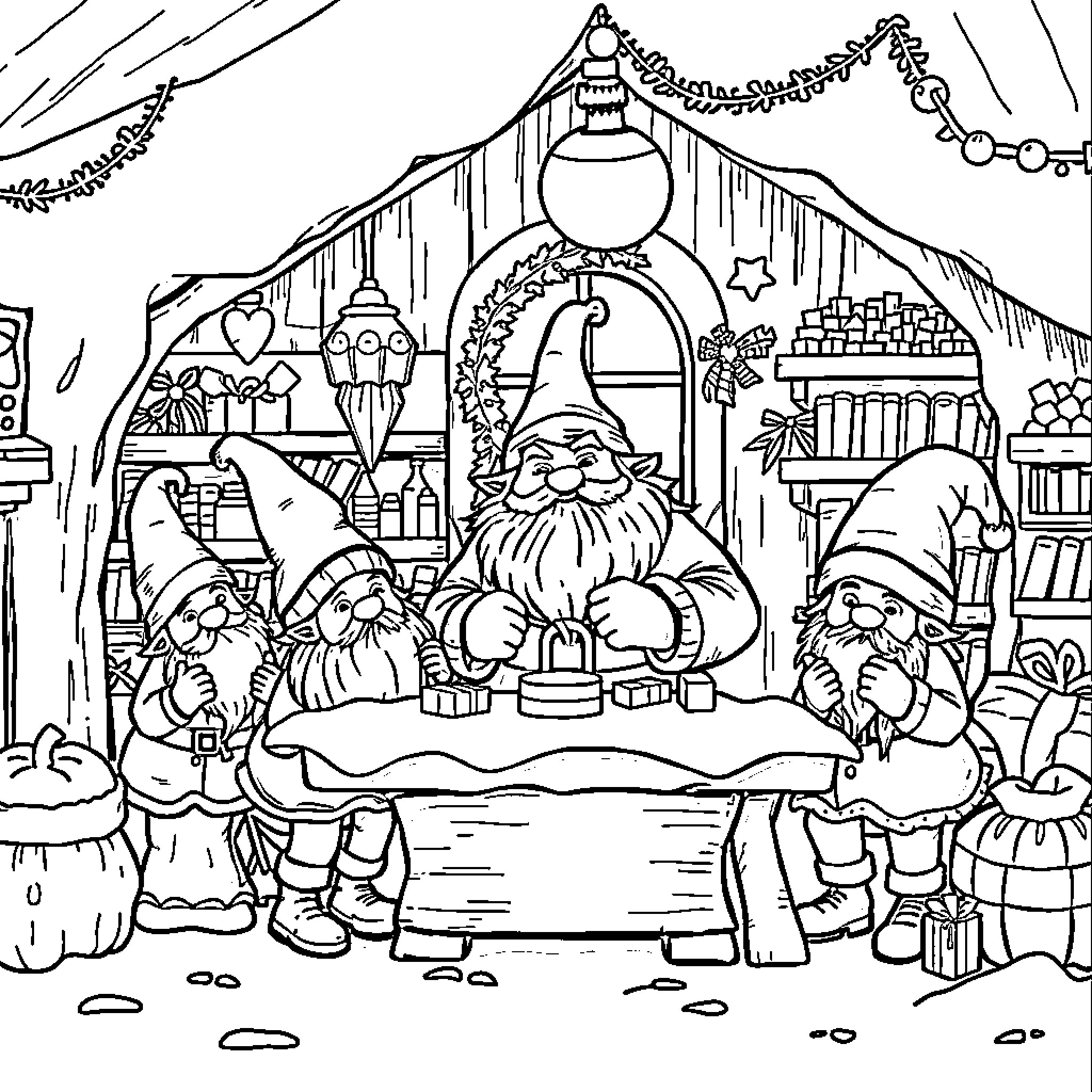 Gnomes celebrating and enjoying a festive holiday in a cozy setting Coloring Page (free black-and-white line drawing printable PDF for all, from beginners to advanced learners, including children, teens, adults, and seniors)