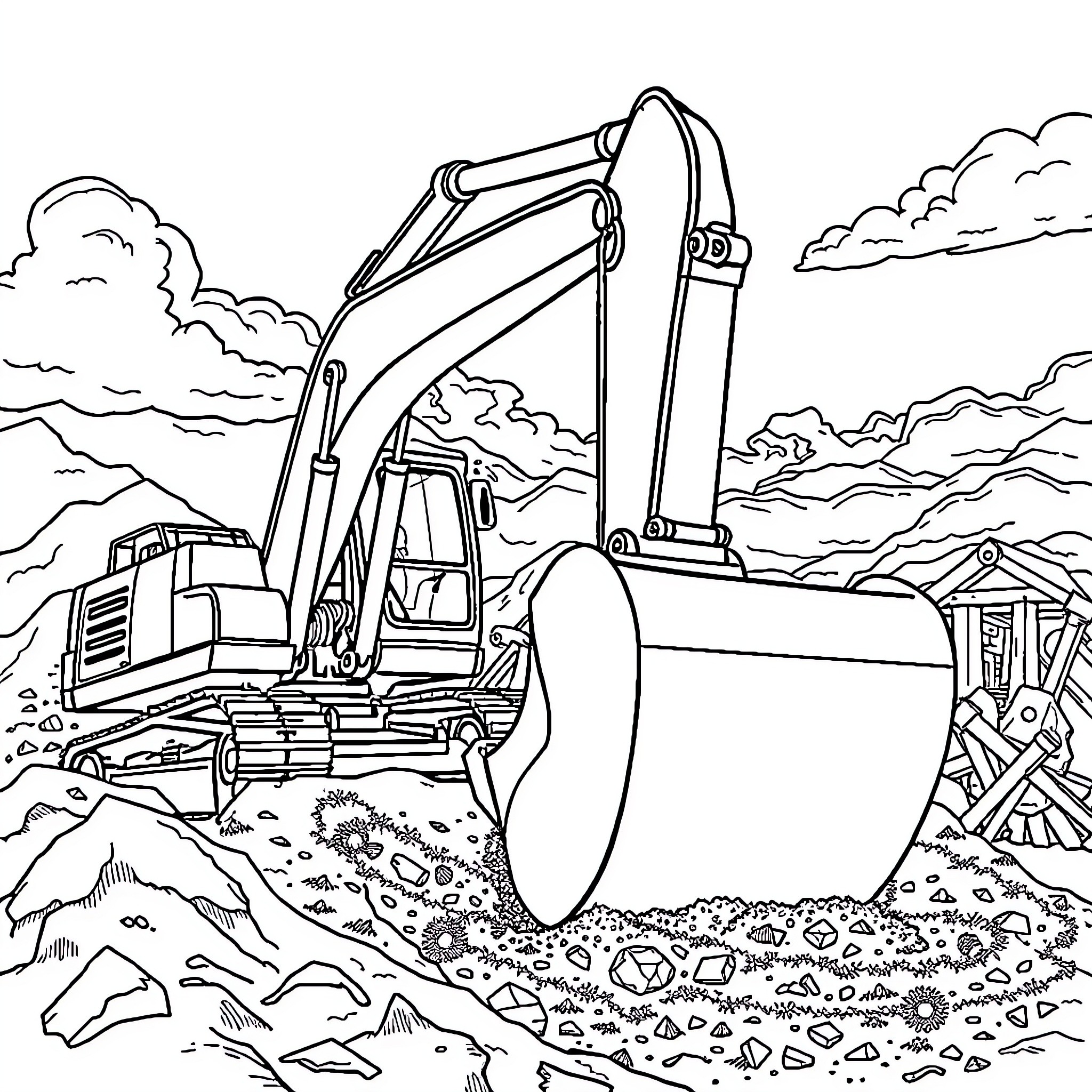 Excavator working on construction site Coloring Page (free black-and-white line drawing printable PDF for all, from beginners to advanced learners, including children, teens, adults, and seniors)