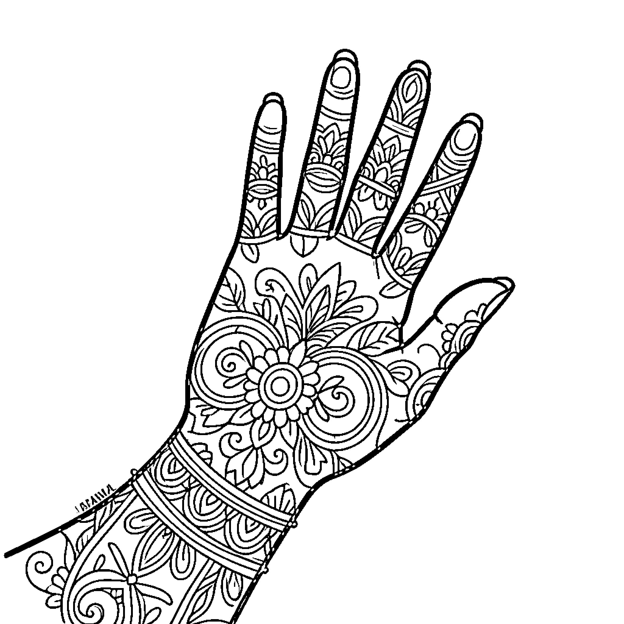 Hand adorned with intricate floral henna patterns Coloring Page (free black-and-white line drawing printable PDF for all, from beginners to advanced learners, including children, teens, adults, and seniors)