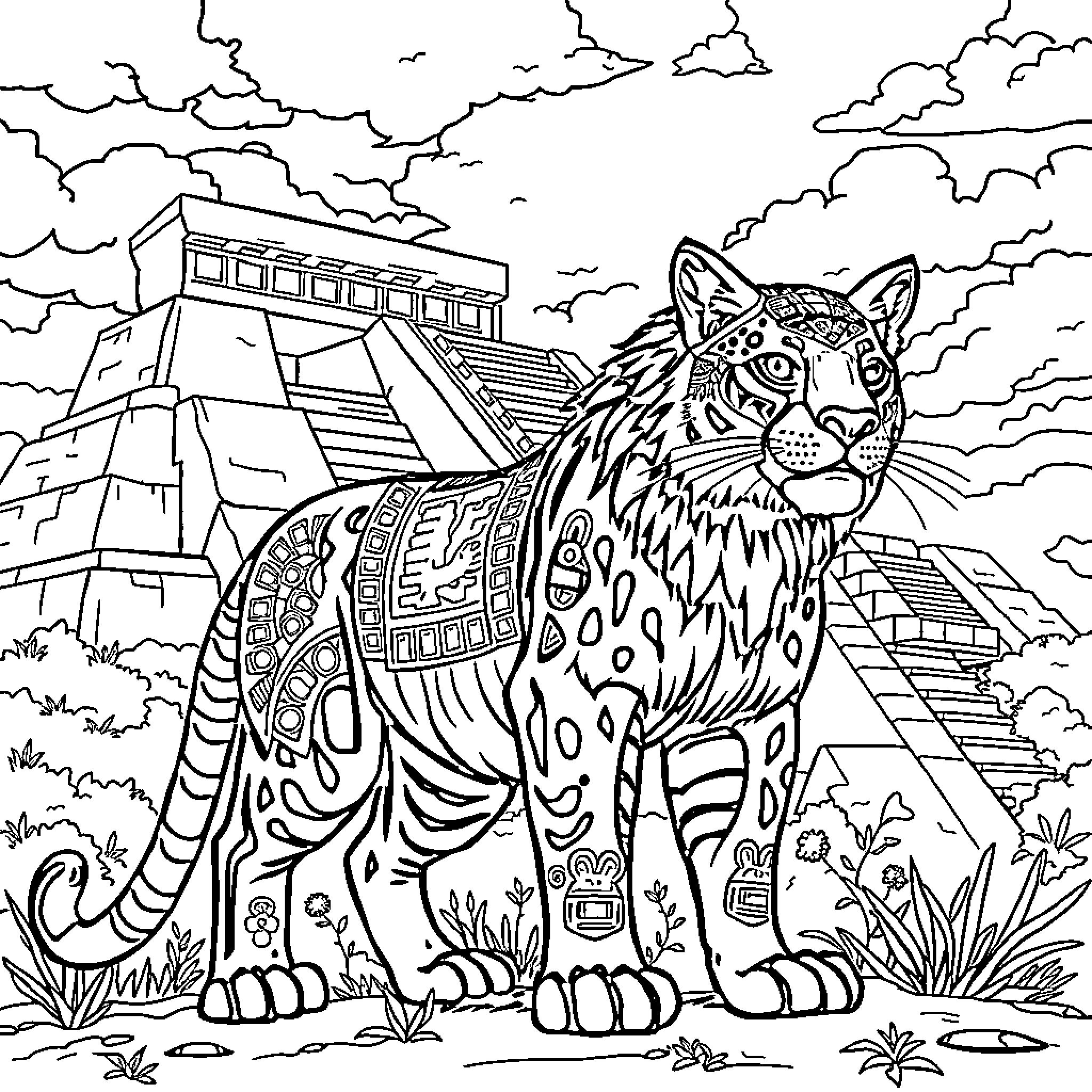 Puma exploring ancient Mayan ruins Coloring Page (free black-and-white line drawing printable PDF for all, from beginners to advanced learners, including children, teens, adults, and seniors)