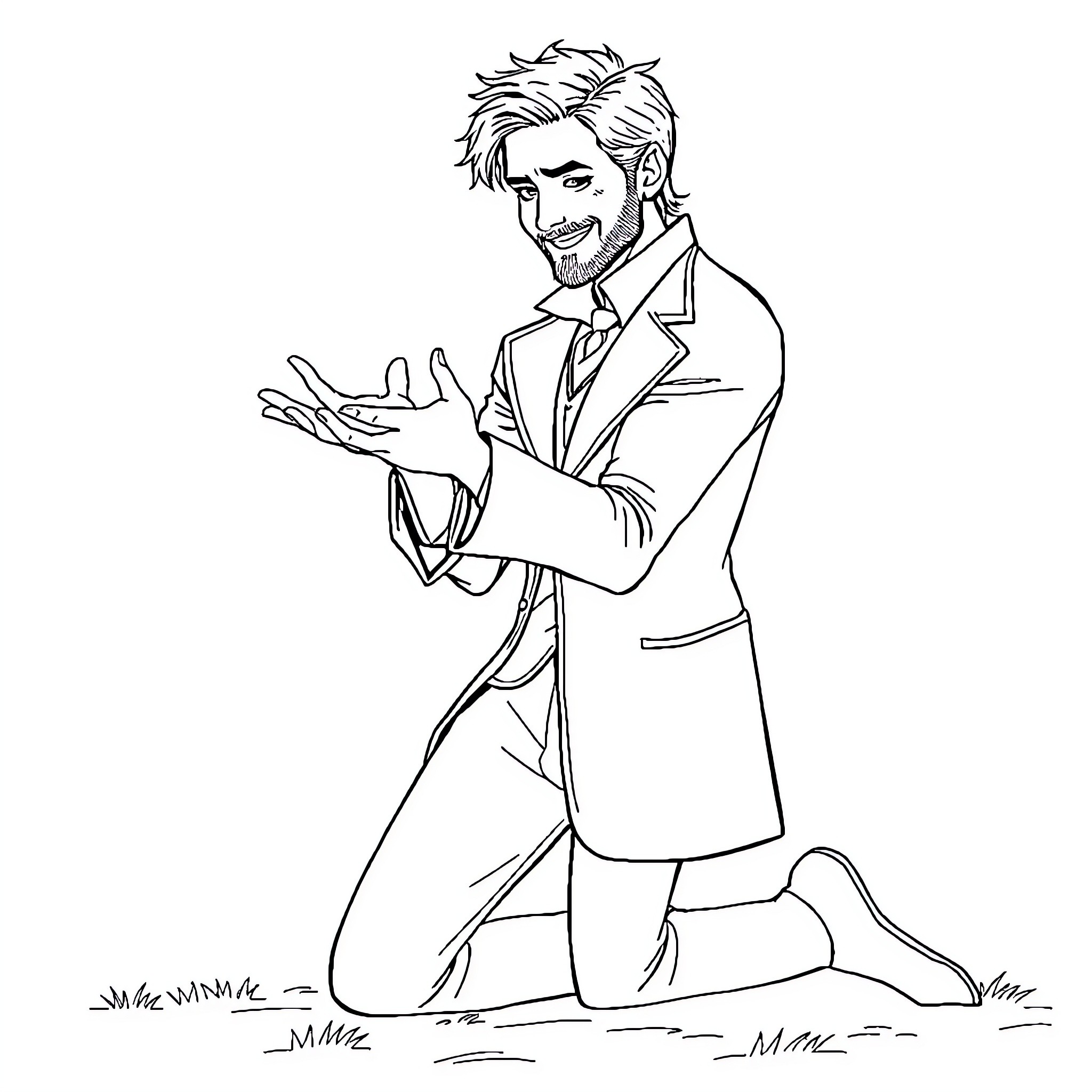 Castiel kneeling with gesturing arms in formal attire Coloring Page (free black-and-white line drawing printable PDF for all, from beginners to advanced learners, including children, teens, adults, and seniors)
